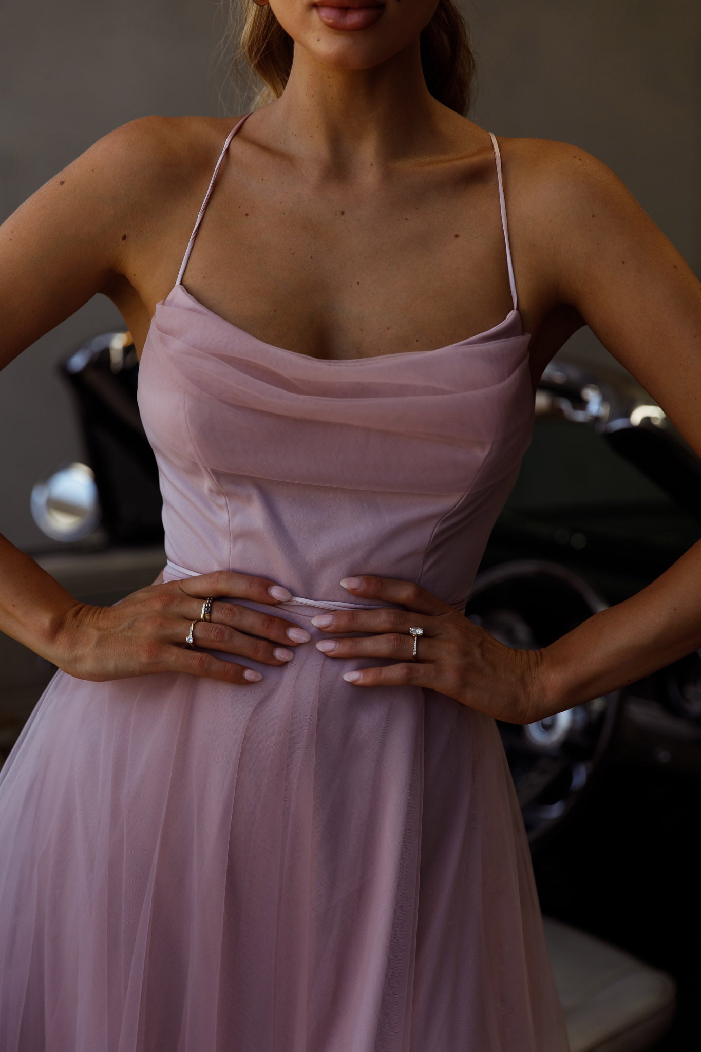 Floating By Pleated Neckline Mesh Midi Dress Blush by Selfie Leslie