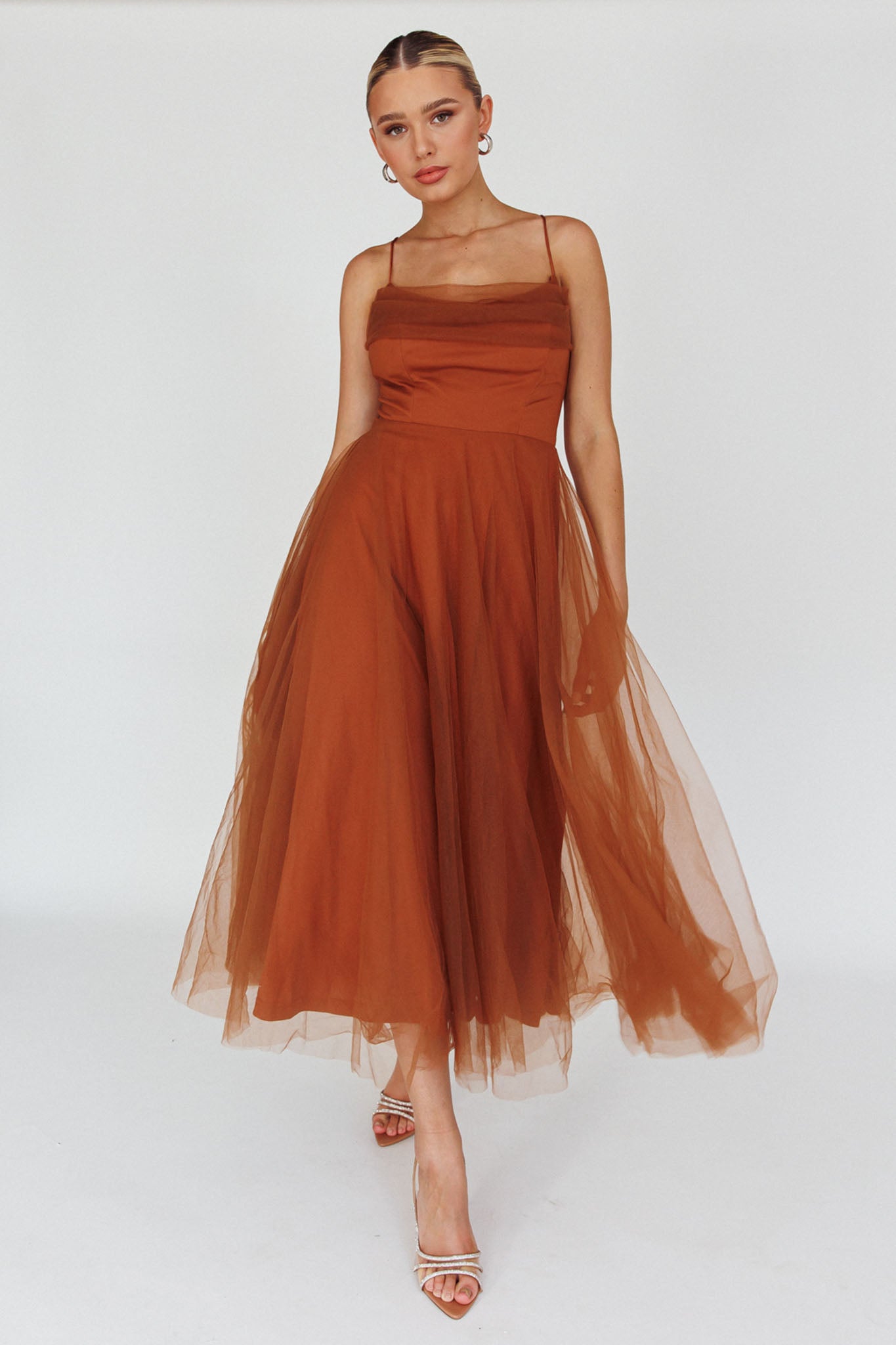 Floating By Pleated Neckline Mesh Midi Dress Brown– Selfie Leslie