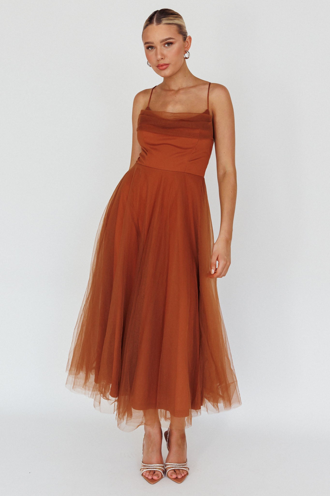 Floating By Pleated Neckline Mesh Midi Dress Brown by Selfie Leslie