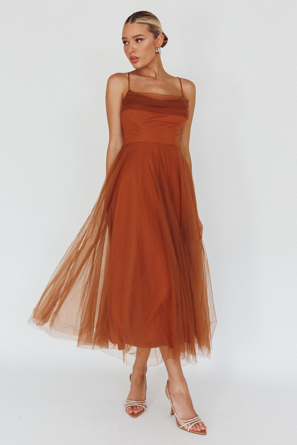 Floating By Pleated Neckline Mesh Midi Dress Brown by Selfie Leslie