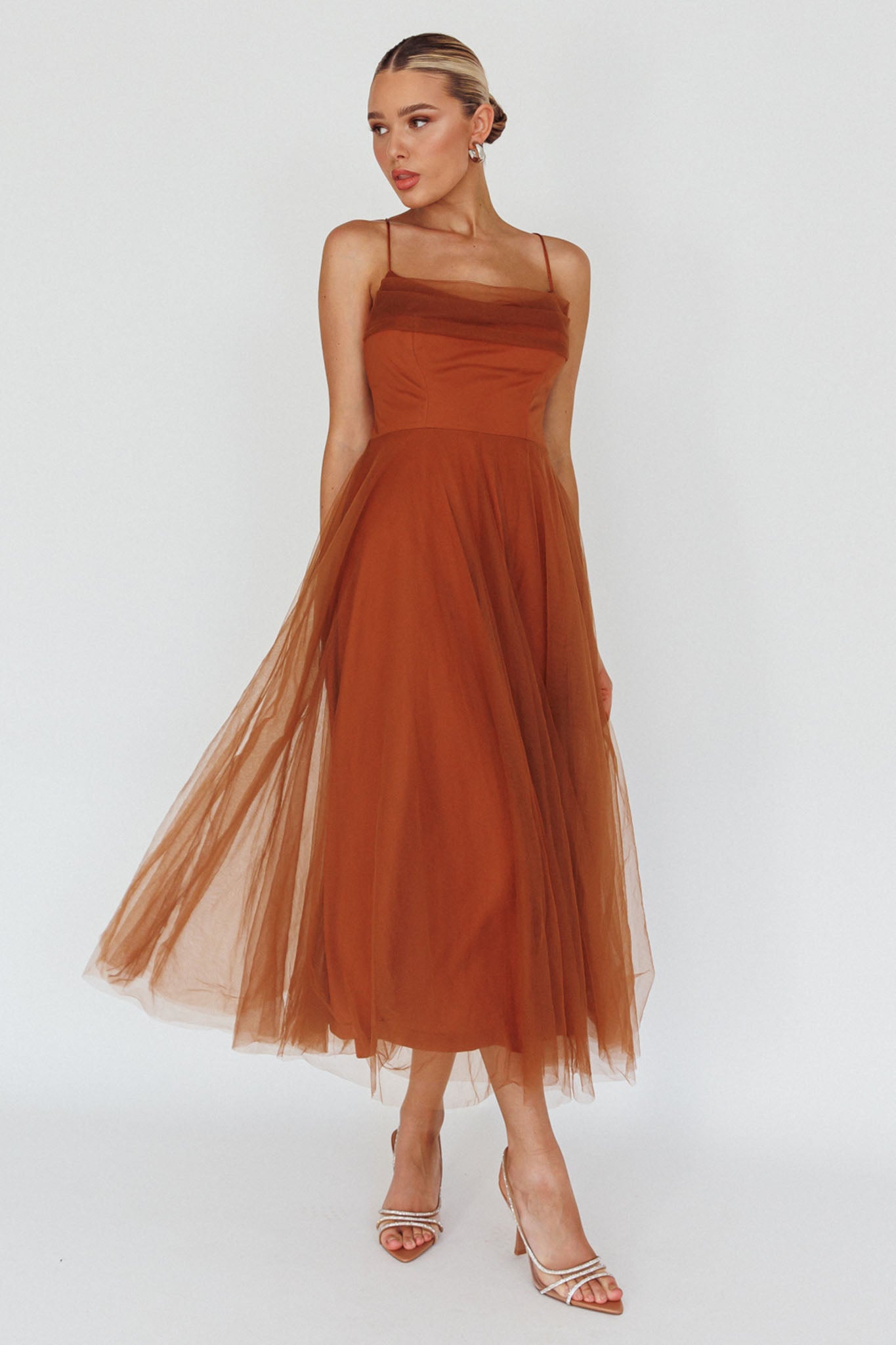 Floating By Pleated Neckline Mesh Midi Dress Brown by Selfie Leslie