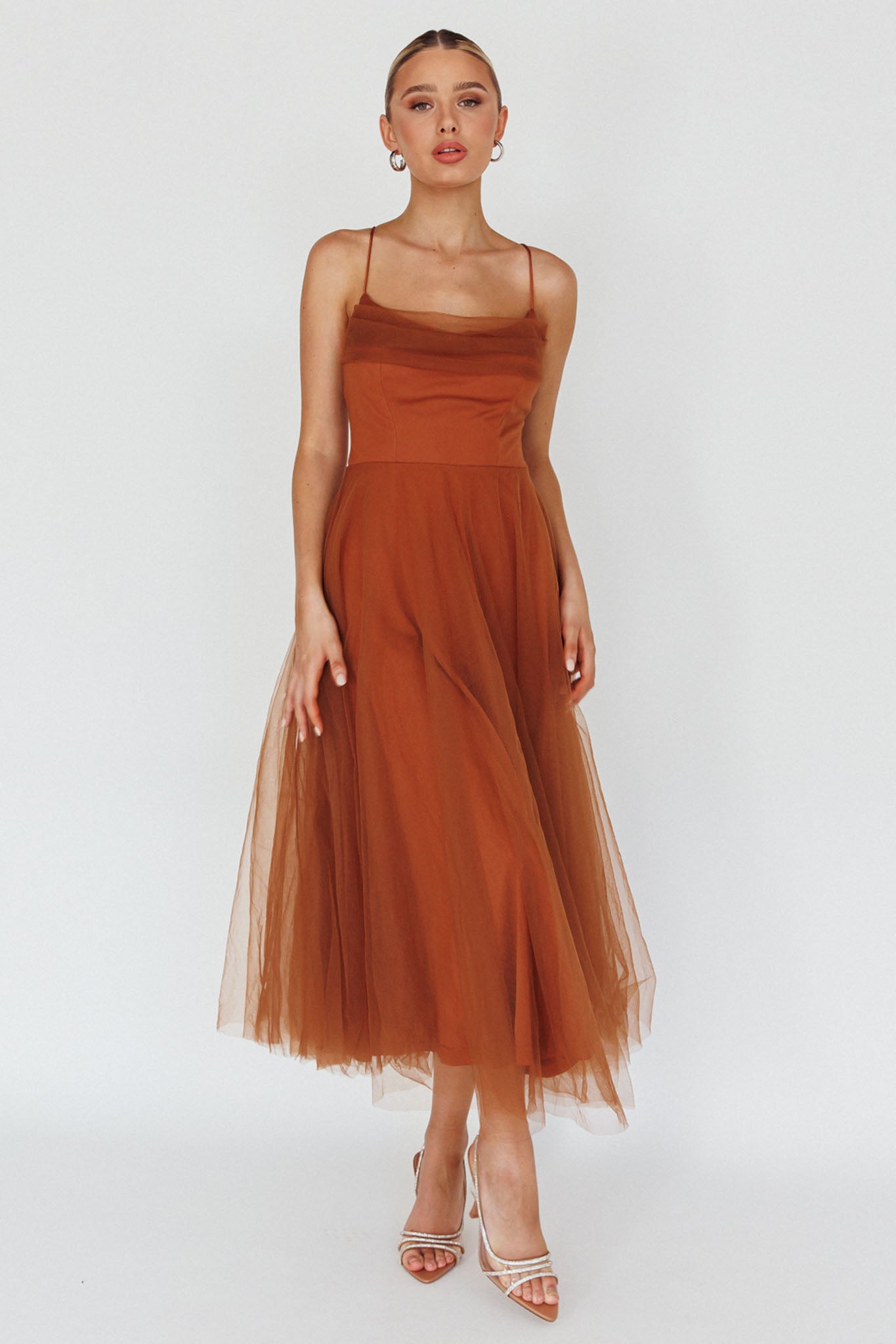 Floating By Pleated Neckline Mesh Midi Dress Brown by Selfie Leslie