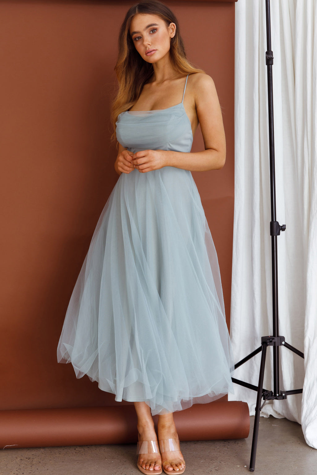 Floating By Pleated Neckline Mesh Midi Dress Sage by Selfie Leslie