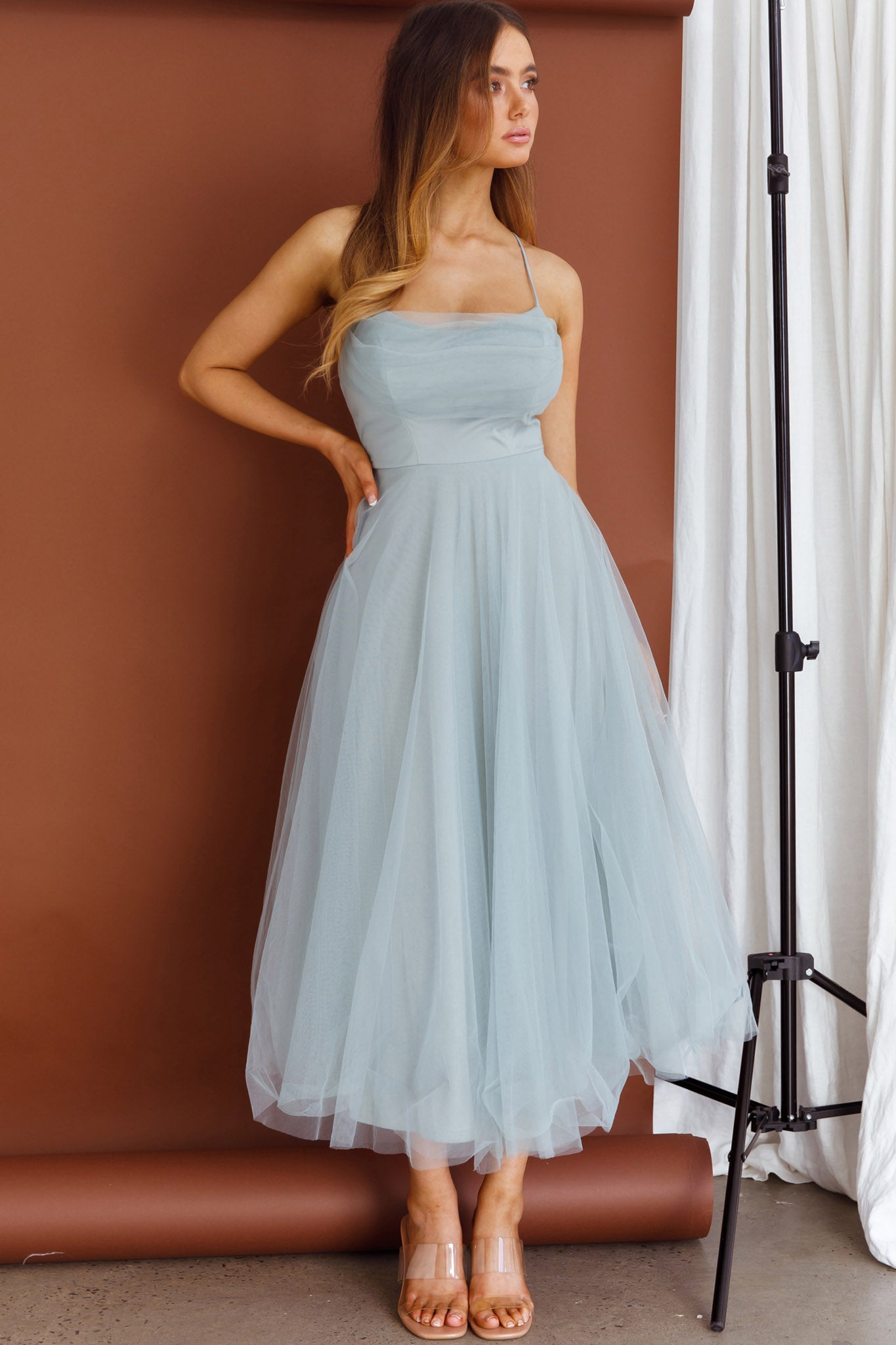 Floating by Pleated Neckline Mesh Midi Dress Sage