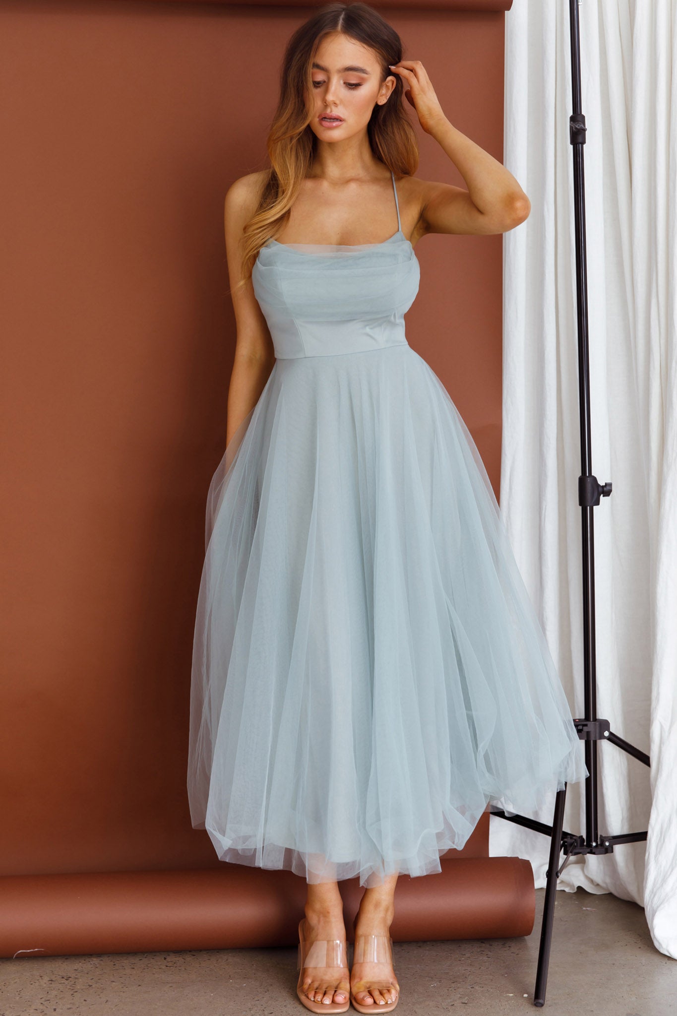 Floating By Pleated Neckline Mesh Midi Dress Sage by Selfie Leslie