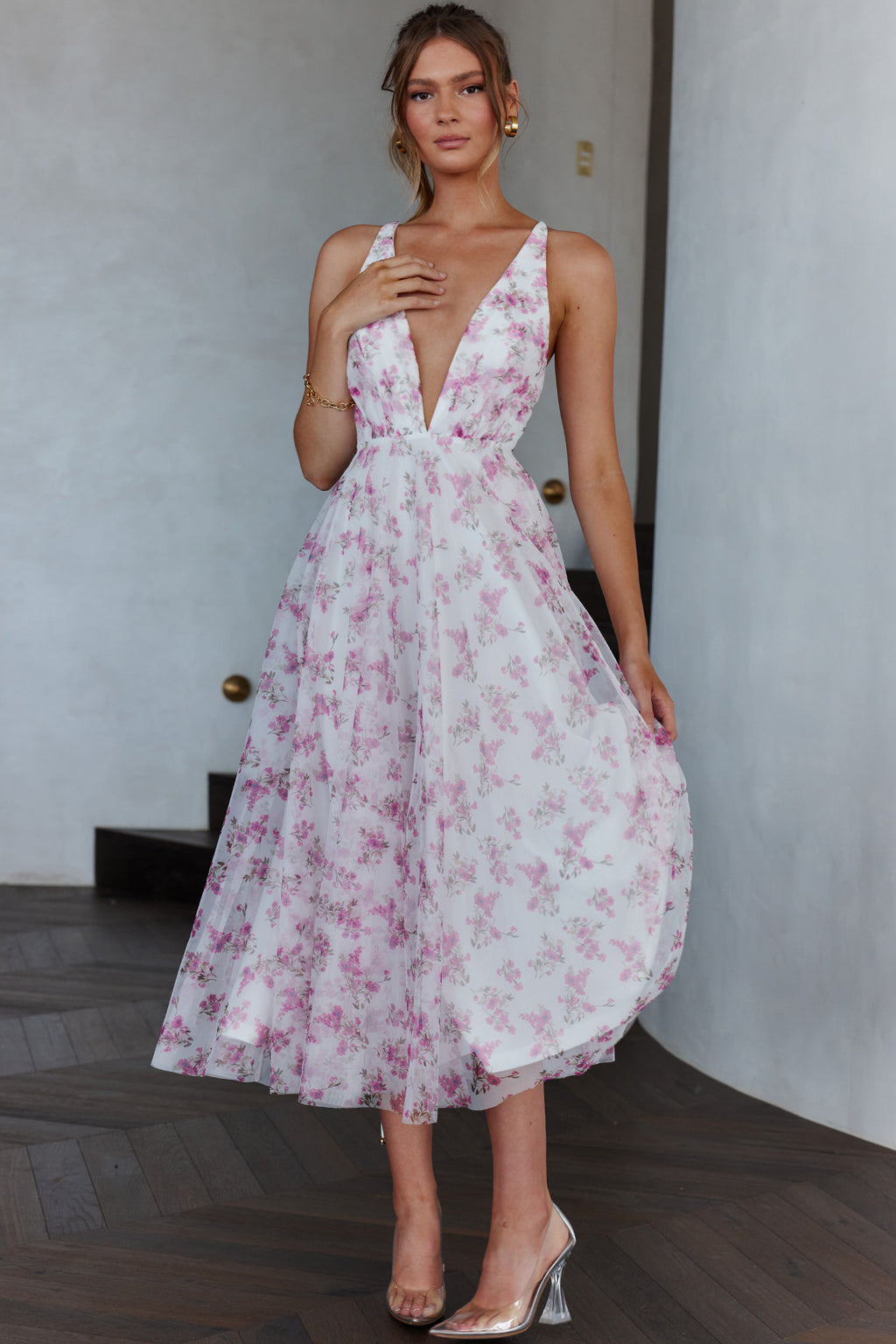 Floating By Plunging Neckline Midi Dress Floral Pink by Selfie Leslie