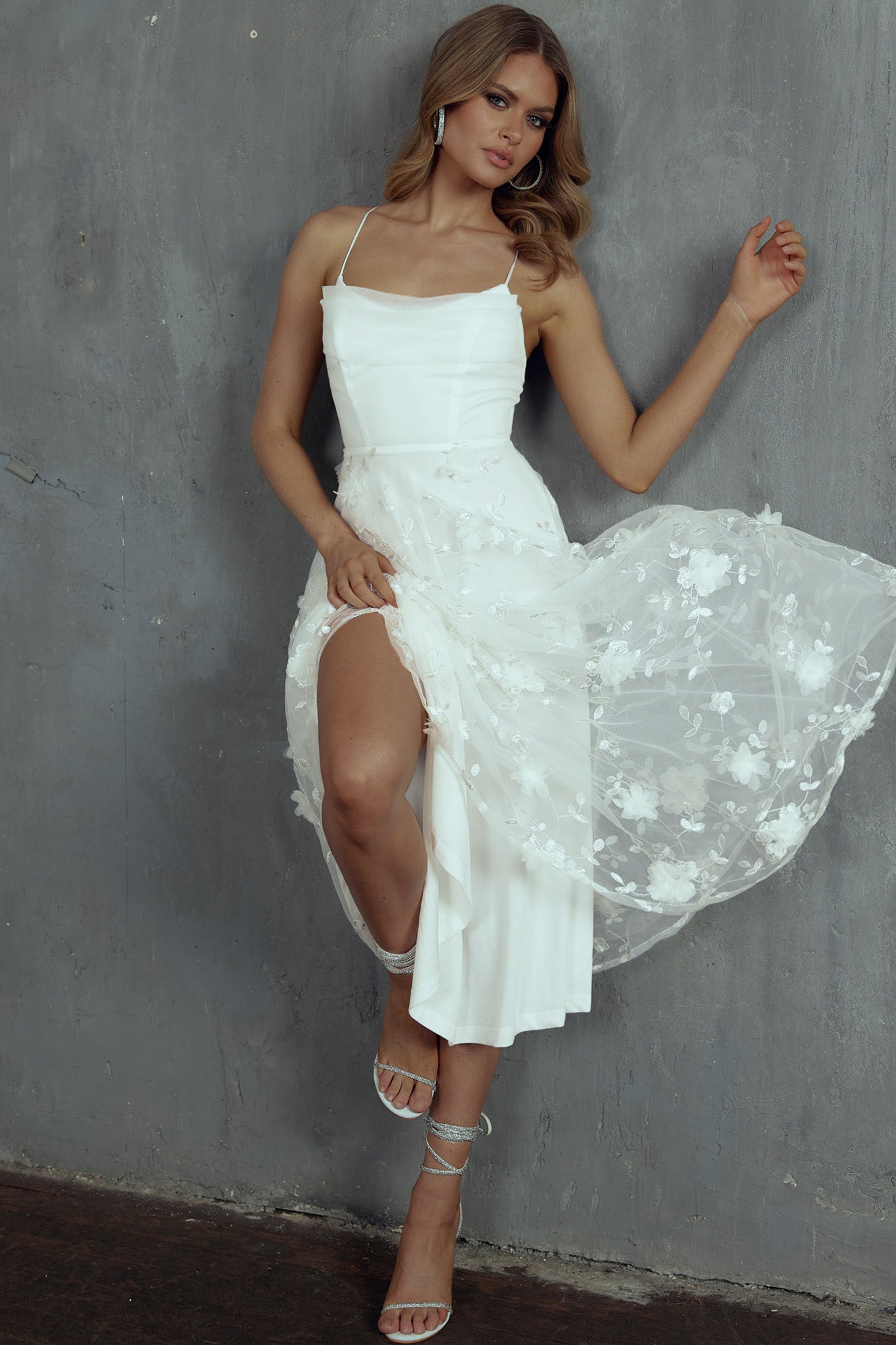 Floating By Pleated Neckline Mesh Midi Dress Embellished White by Selfie Leslie