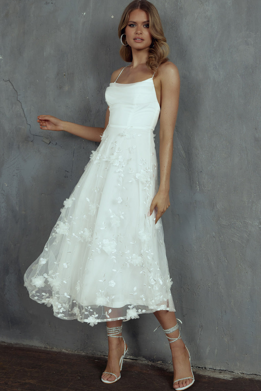 Floating By Pleated Neckline Mesh Midi Dress Embellished White by Selfie Leslie