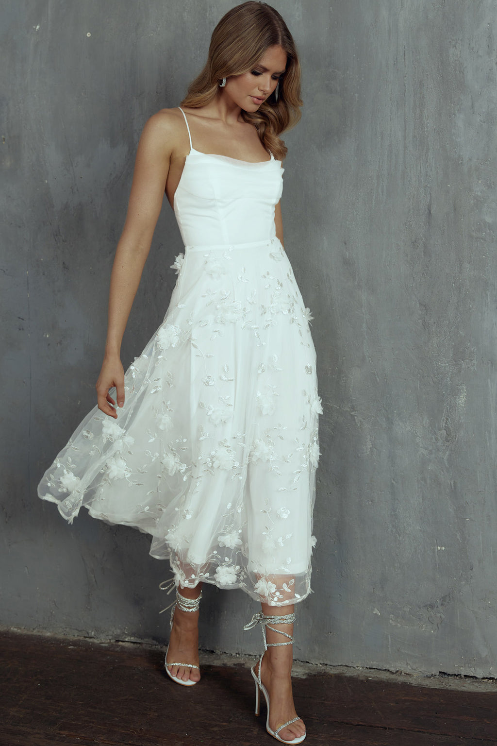 Floating By Pleated Neckline Mesh Midi Dress Embellished White by Selfie Leslie