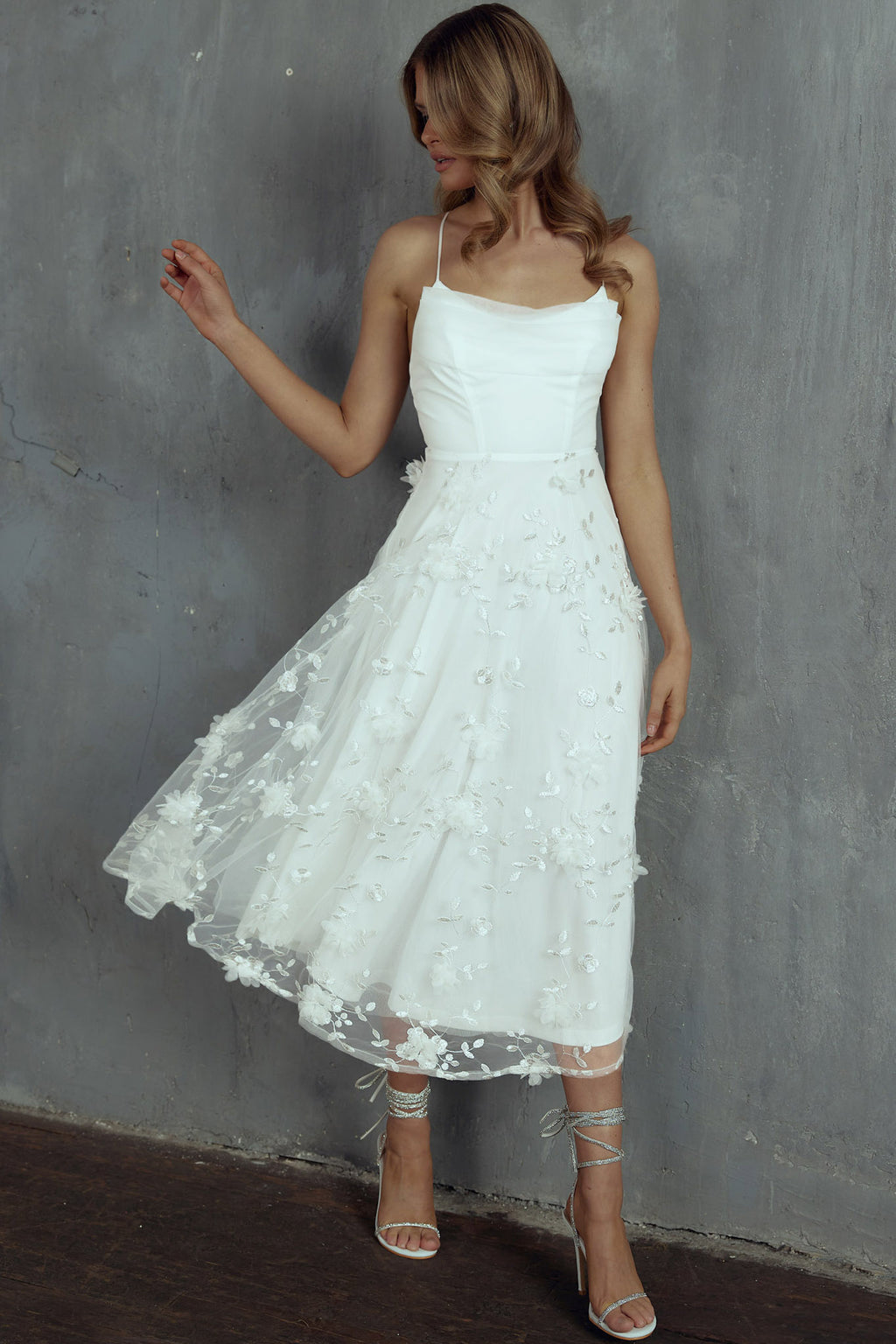 Floating By Pleated Neckline Mesh Midi Dress Embellished White by Selfie Leslie