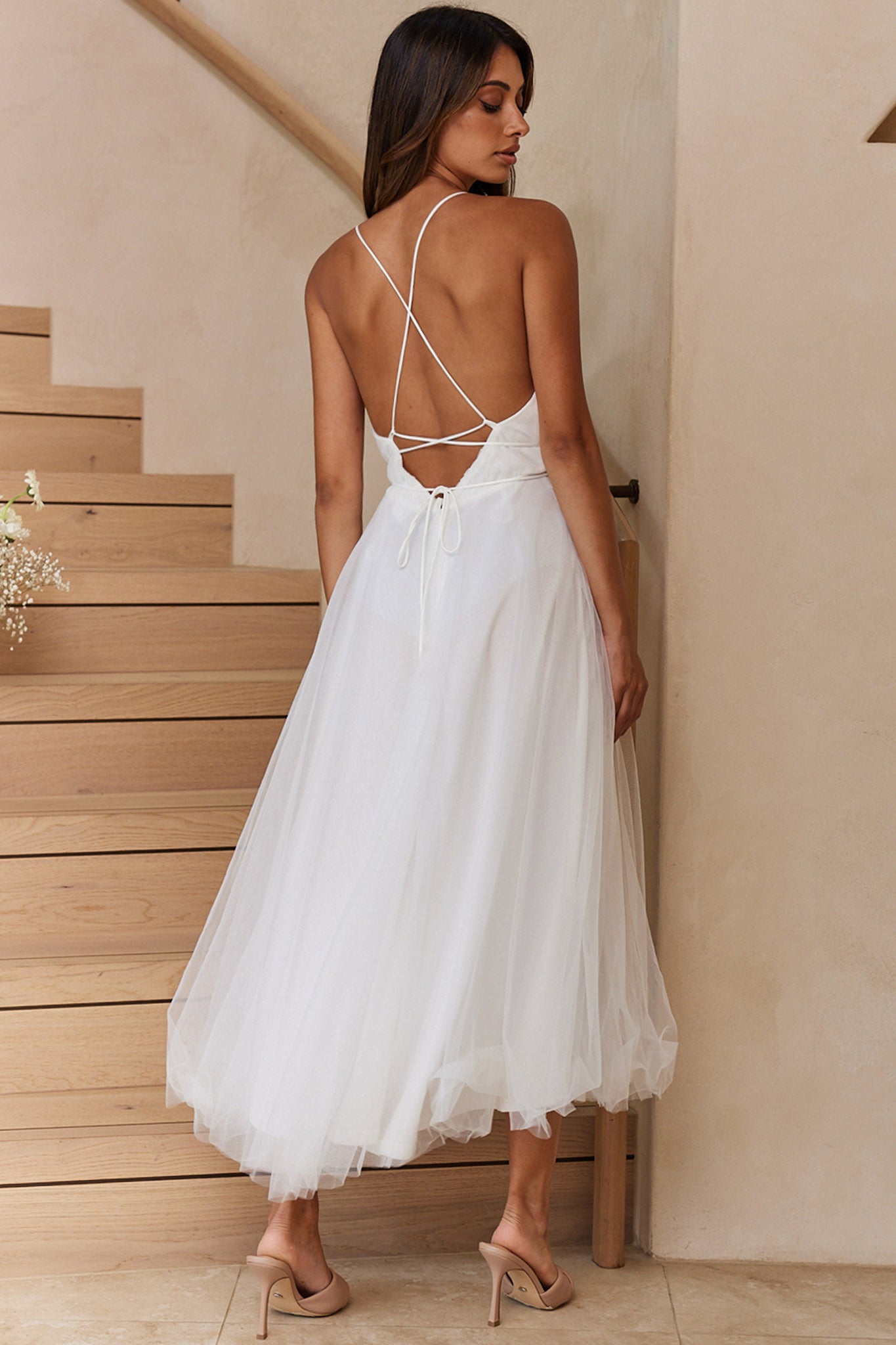 Floating By Plunging Neckline Mesh Overlay Midi Dress White by Selfie Leslie