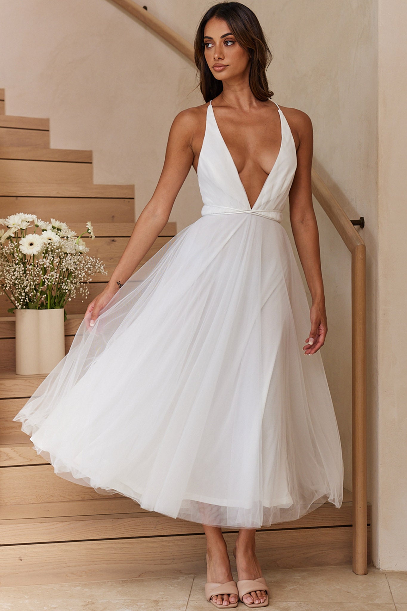 Floating By Plunging Neckline Mesh Overlay Midi Dress White L