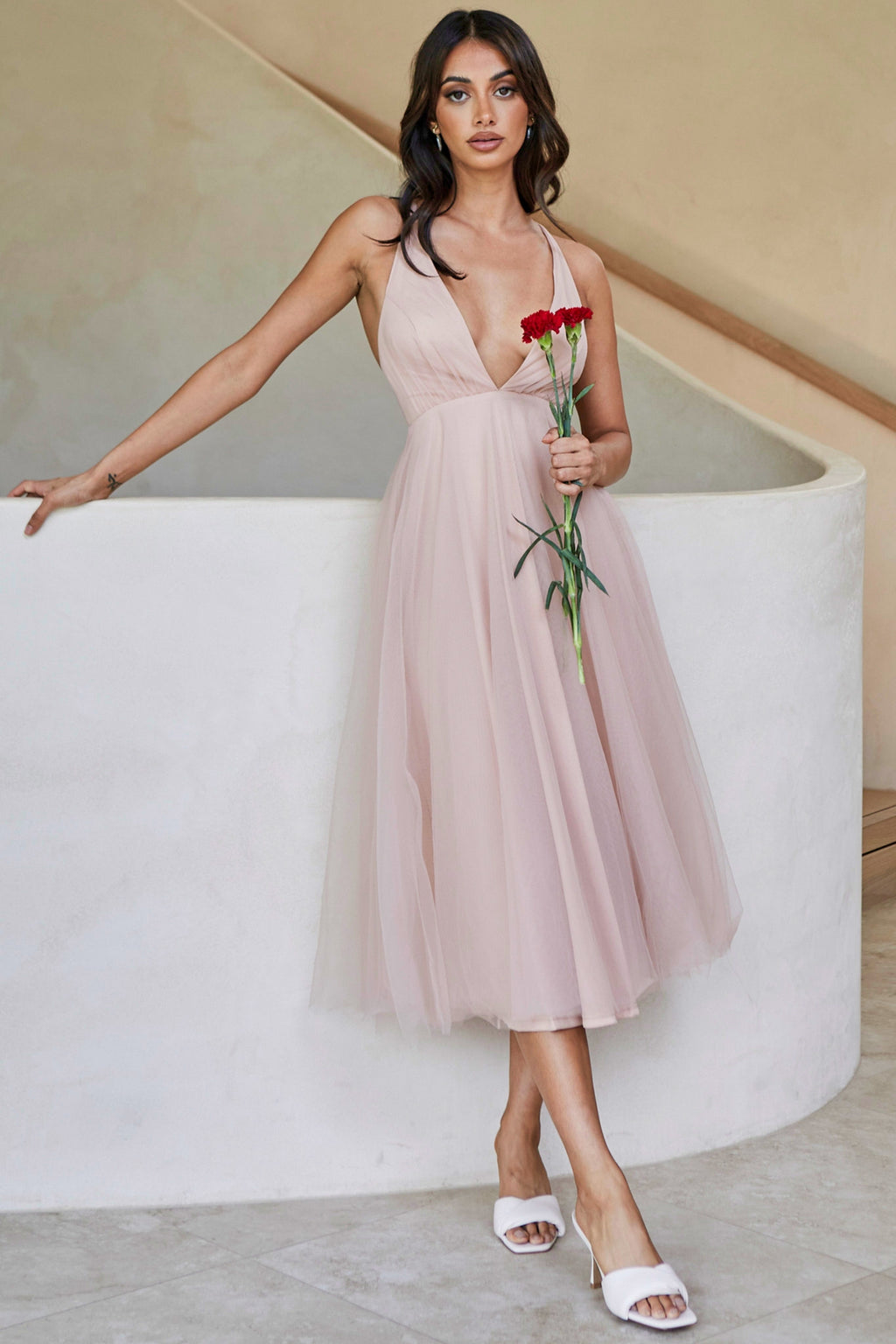 knee length dresses for ladies Floating By Plunging Neckline Mesh Overlay Midi Dress Apricot– Selfie Leslie