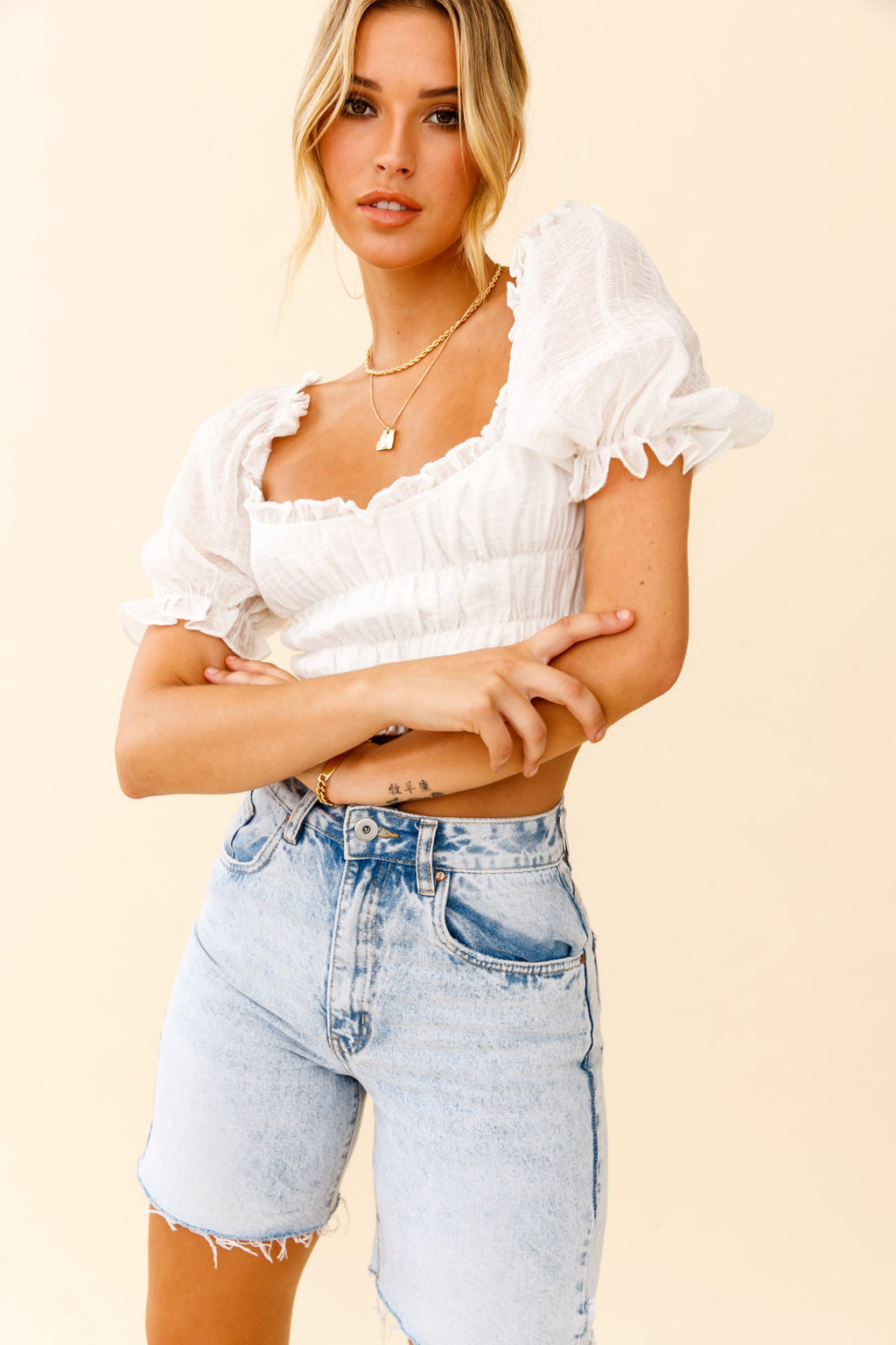 Romantics Shirred Bodice Puff Sleeve Crop Top White by Selfie Leslie
