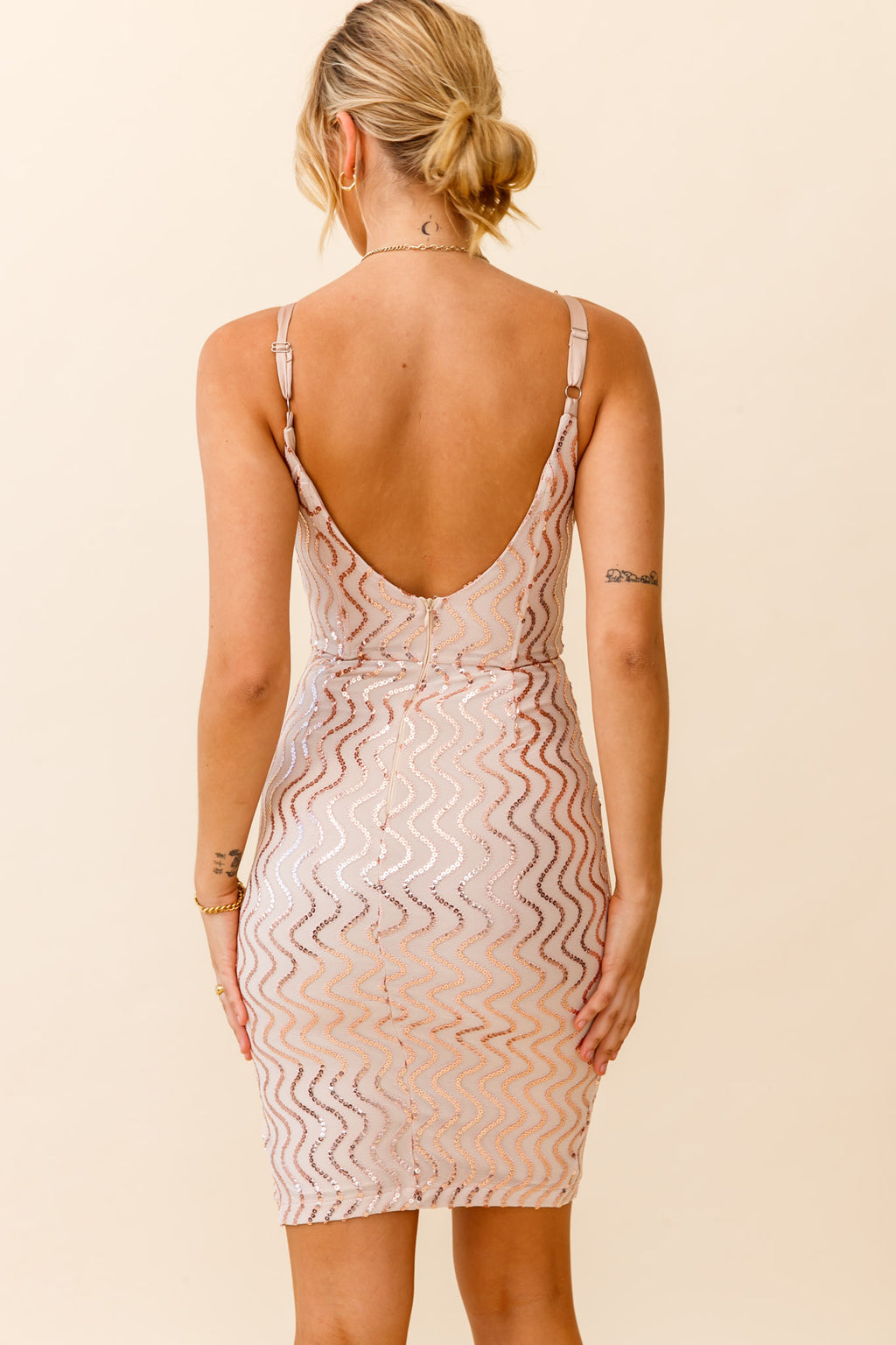 Juliana Scooped Back Sequin Embellished Dress Rose Gold by Selfie Leslie