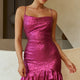 Miami Nights Cowl Neck Ruffle Hem Sequin Mini Dress Fuchsia