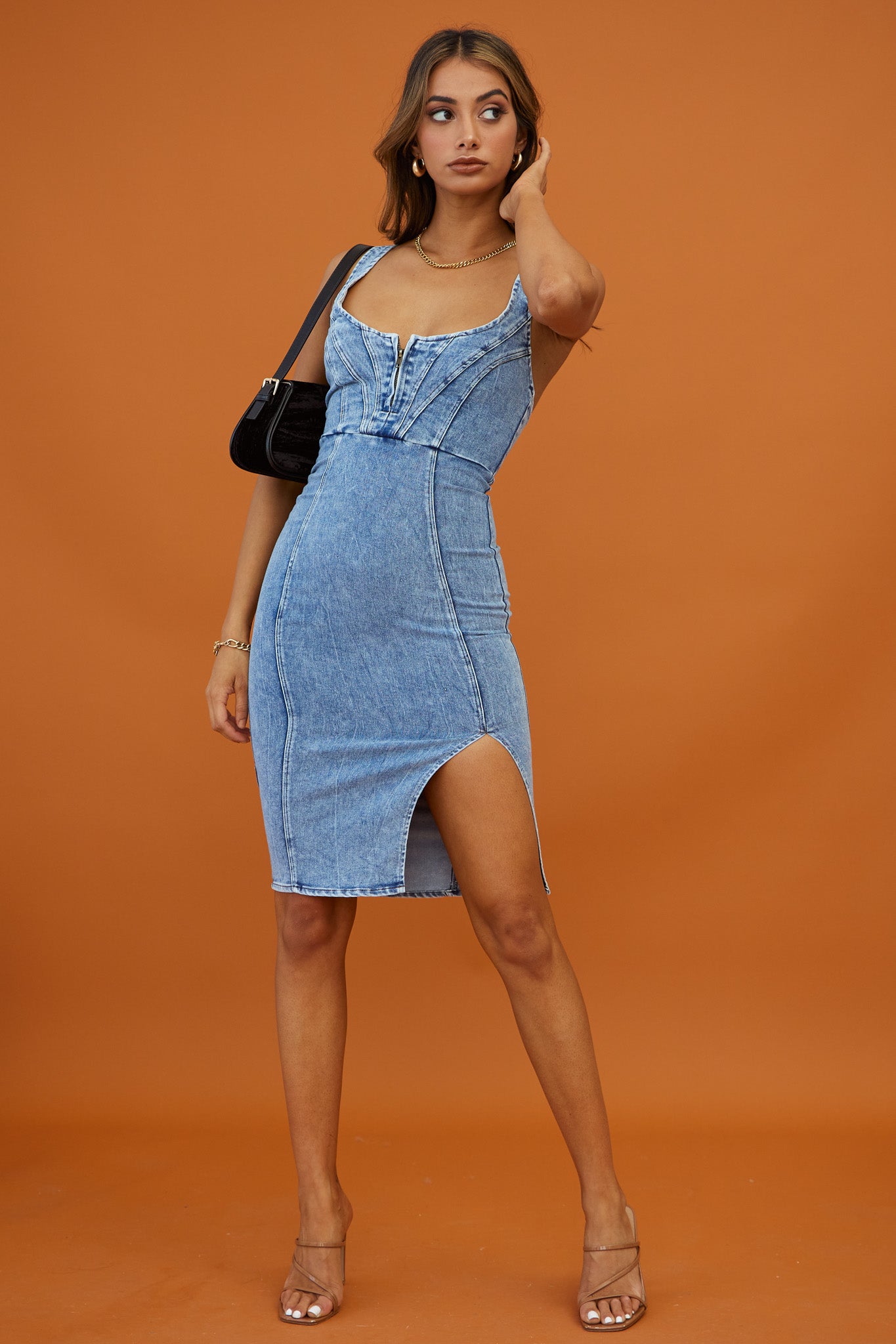 Rhythm Wide Strap Bodycon Knee Length Dress Washed Blue by Selfie Leslie