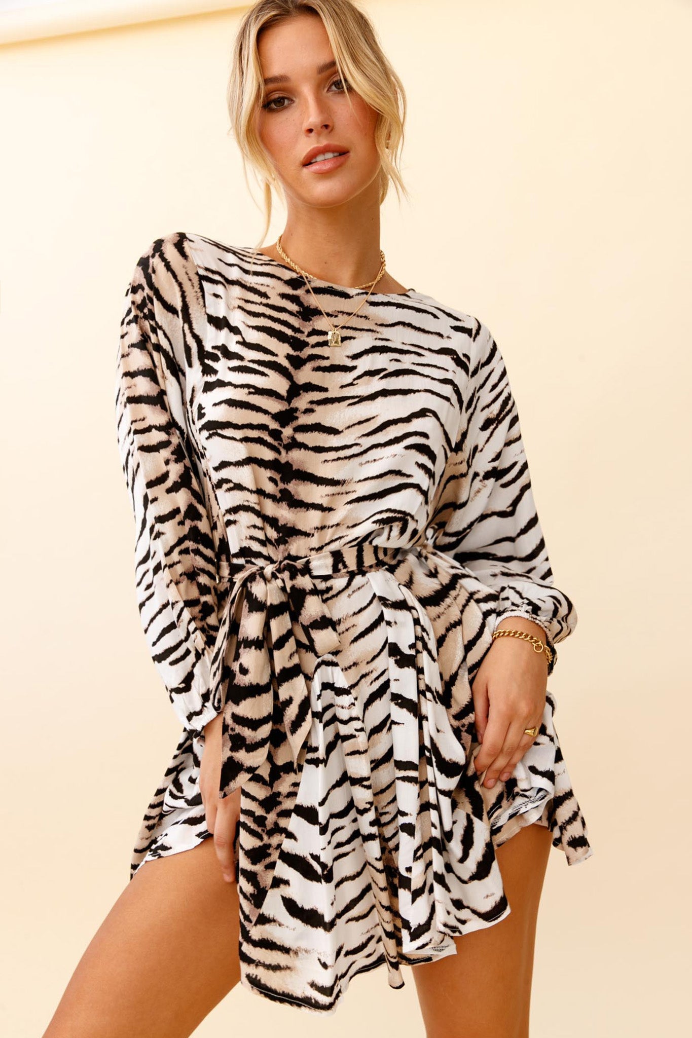 Drift Away Long Sleeve Godet Detail Dress Tiger Print by Selfie Leslie