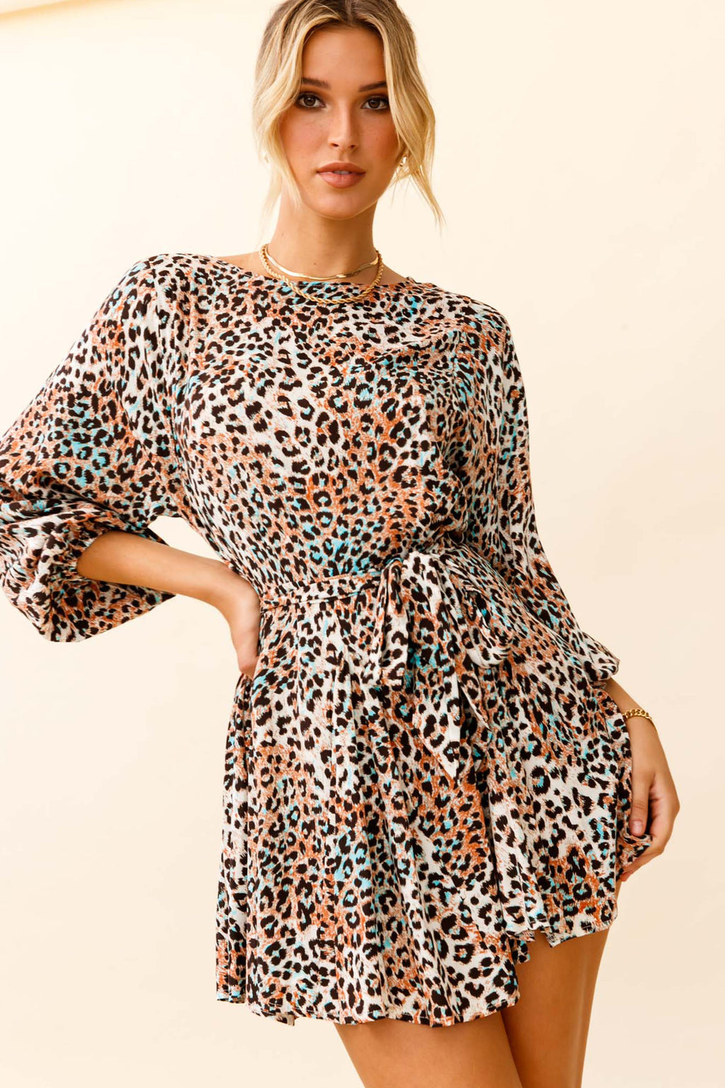 Drift Away Long Sleeve Godet Detail Dress Leopard Print Brown by Selfie Leslie