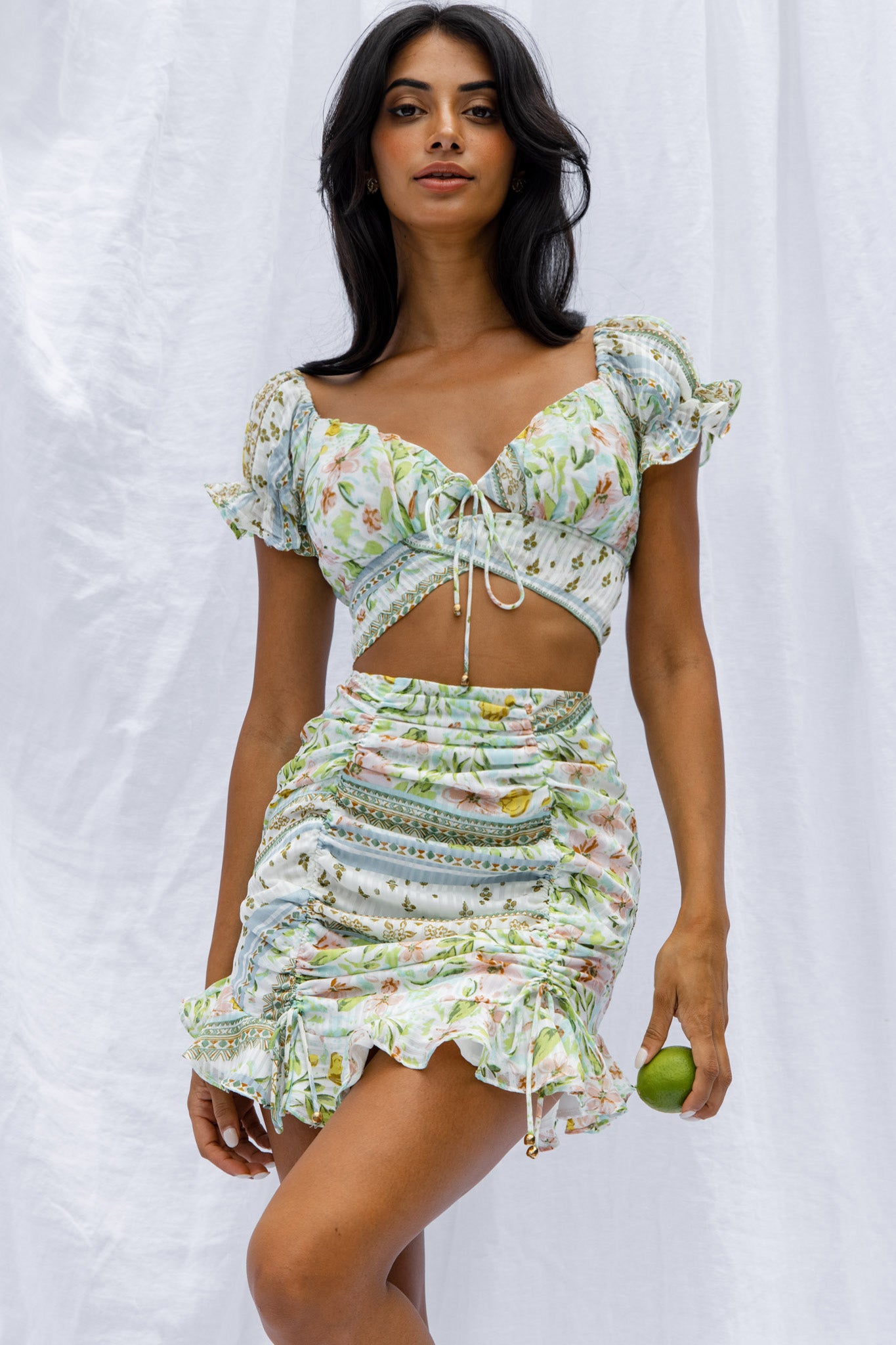 Azure Sky Ruched Mini Skirt Printed Green by Selfie Leslie