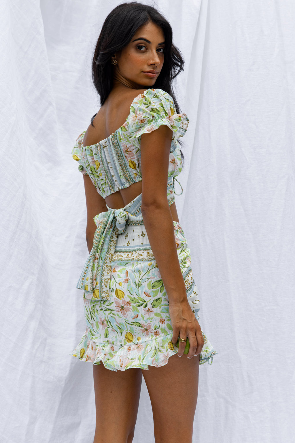 Azure Sky Ruched Mini Skirt Printed Green by Selfie Leslie