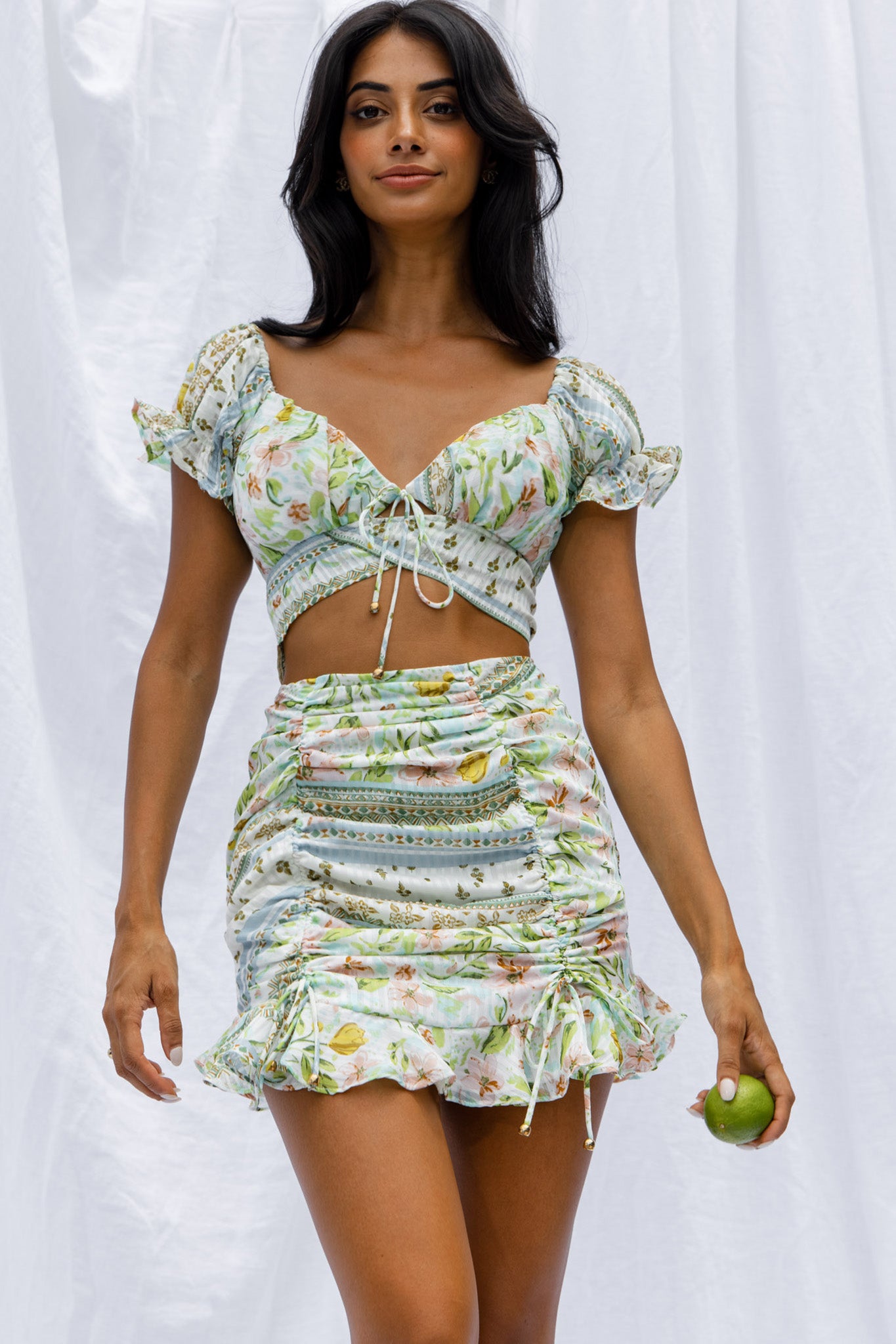 Azure Sky Ruched Mini Skirt Printed Green by Selfie Leslie