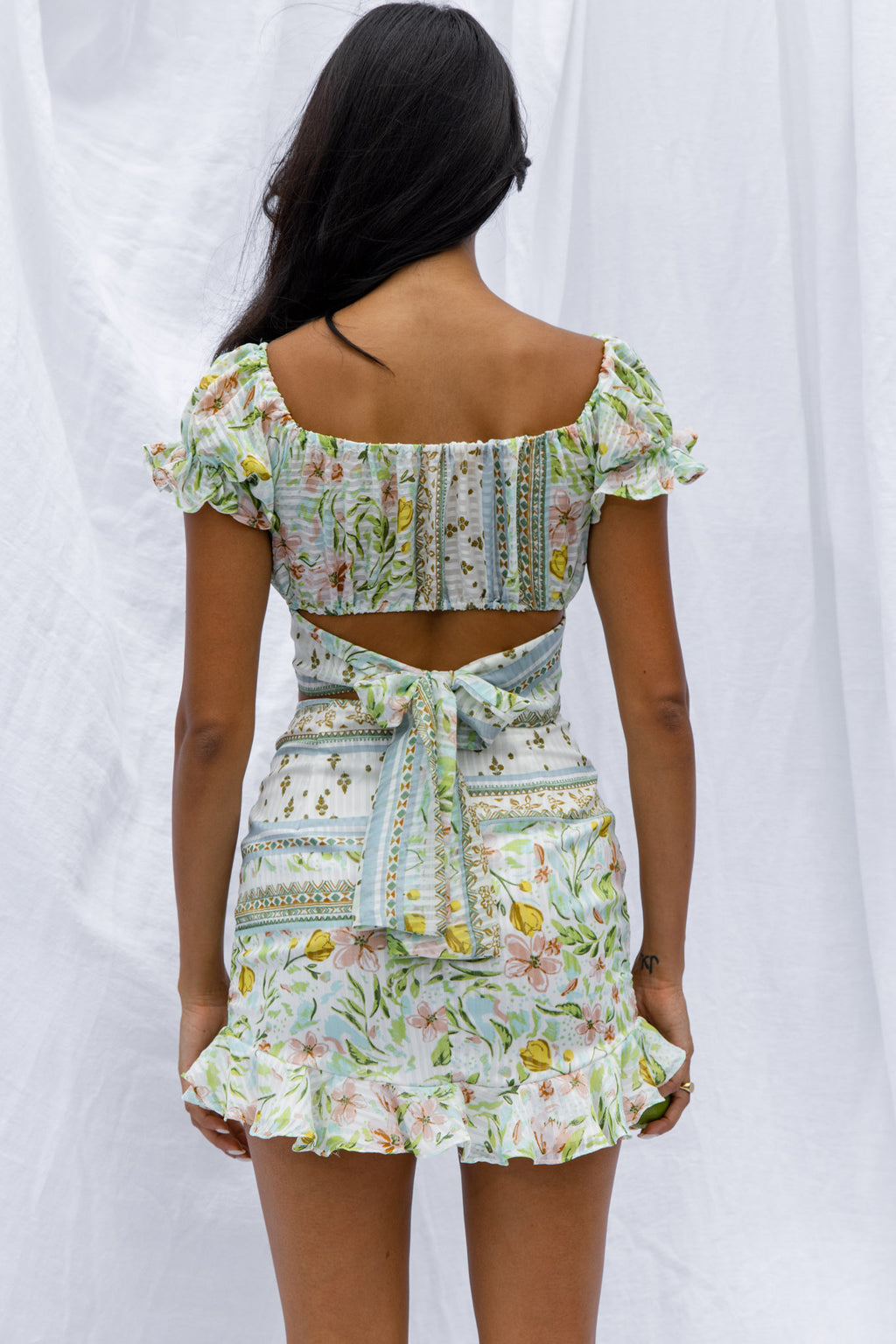 Azure Sky Ruched Mini Skirt Printed Green by Selfie Leslie