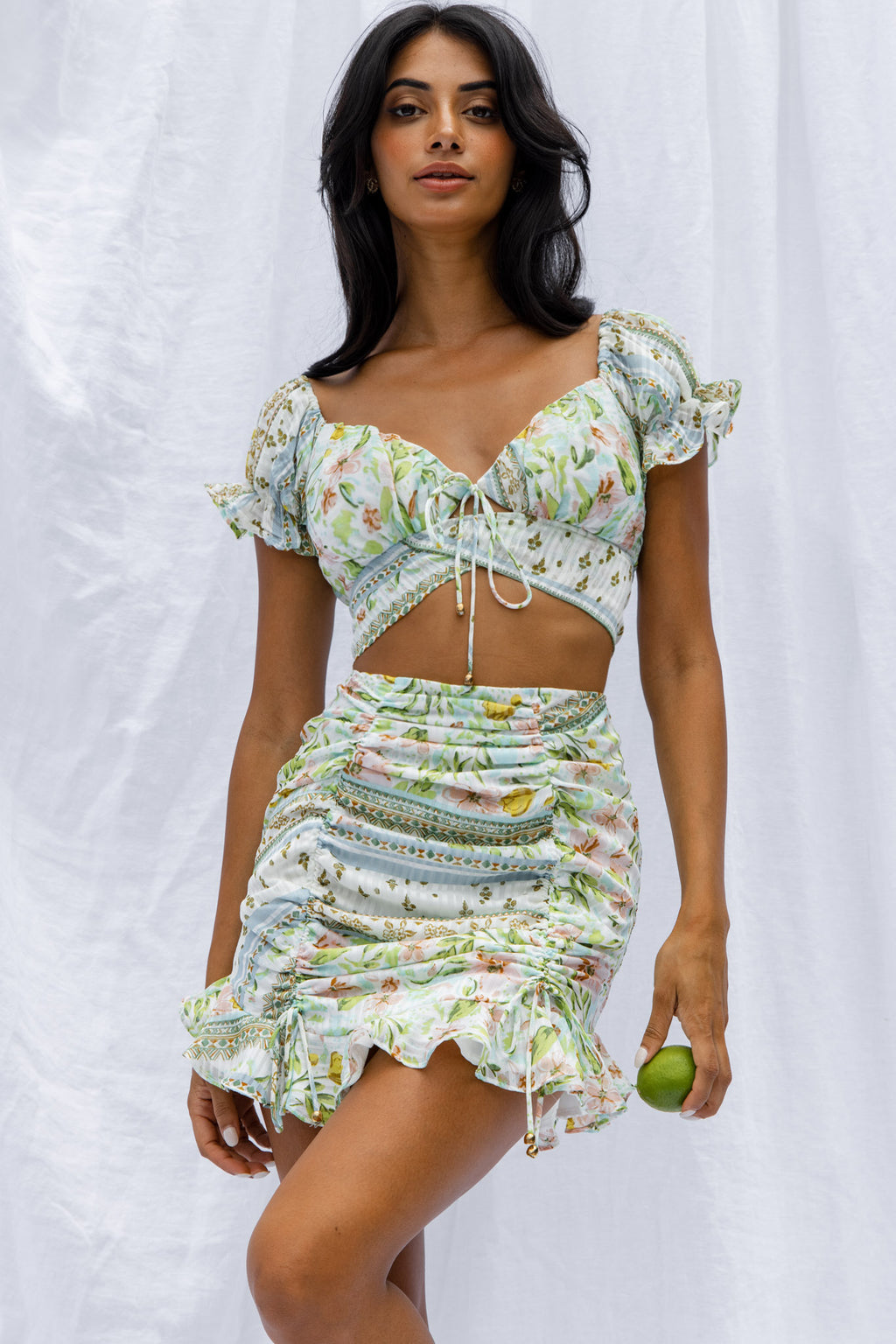 Azure Sky Tied Back Crop Top Printed Green by Selfie Leslie