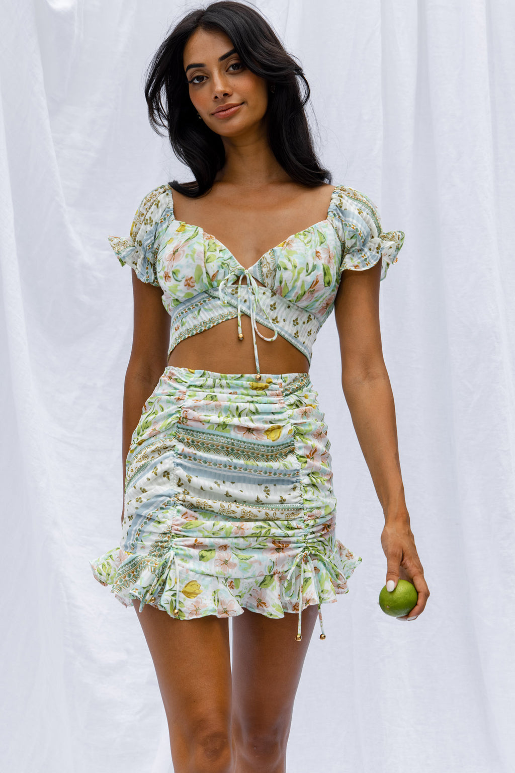 Azure Sky Tied Back Crop Top Printed Green by Selfie Leslie