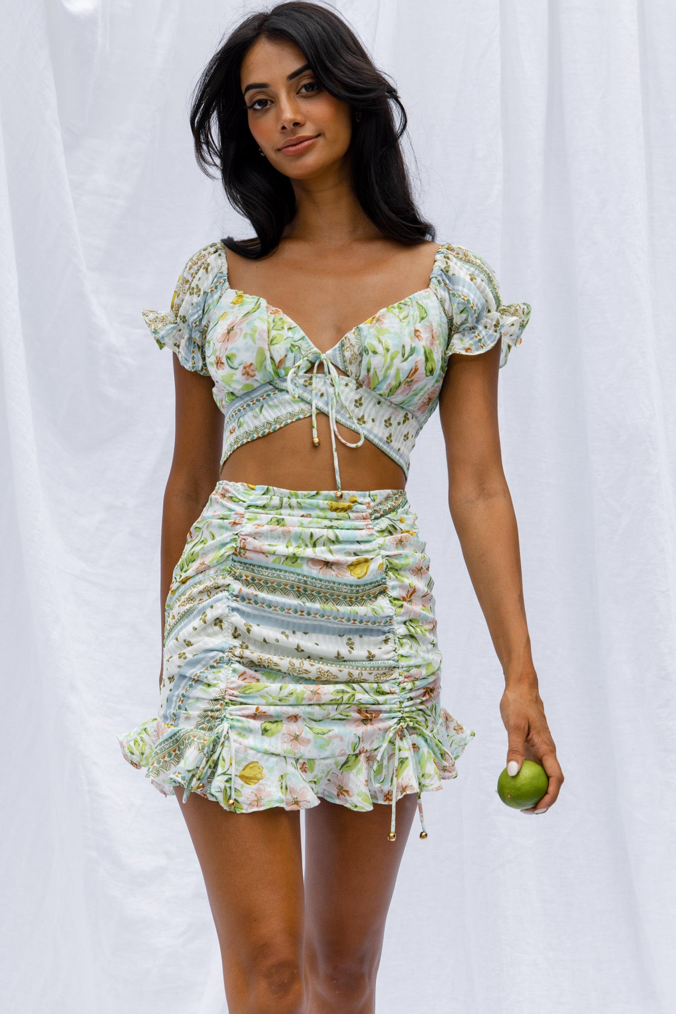 Azure Sky Tied Back Crop Top Printed Green by Selfie Leslie
