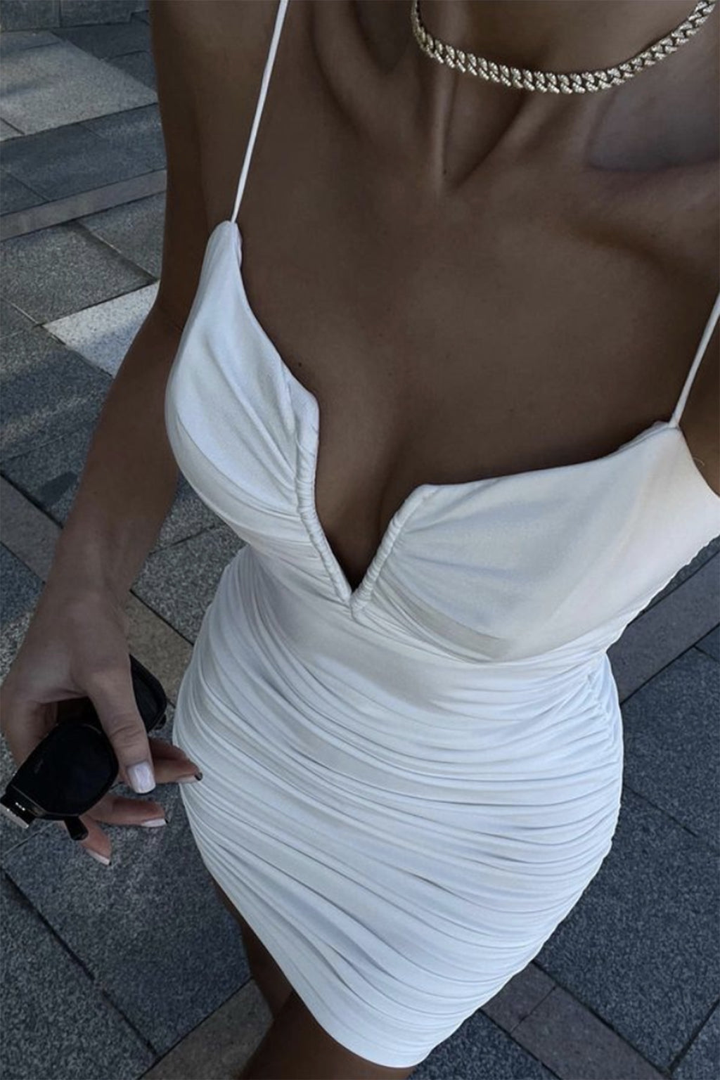 Good Vibes Cami Strap Deep V-Neckline Ruched Mini Dress White by Selfie Leslie