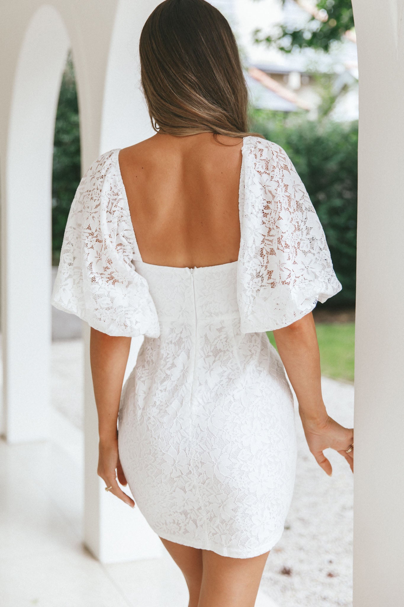 Good Vibes Puff Sleeve Deep V-Neckline Lace Mini Dress White - S Good Vibes Puff Sleeve Deep V-Neckline Lace Mini Dress White - S