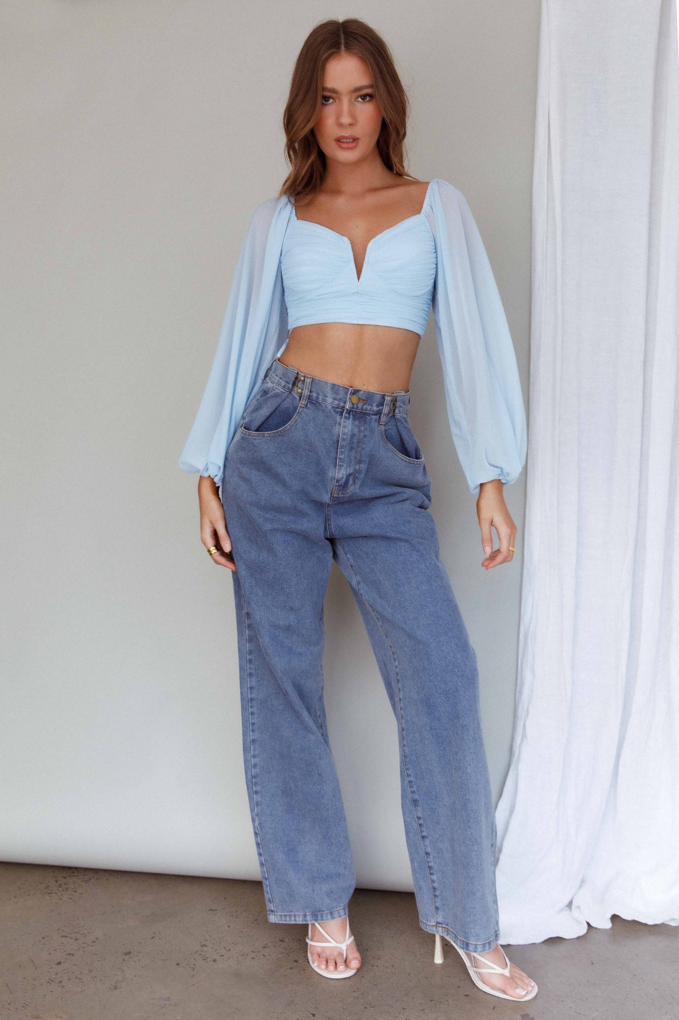 Tanner Long Sleeve Ruched Crop Top Steel Blue by Selfie Leslie