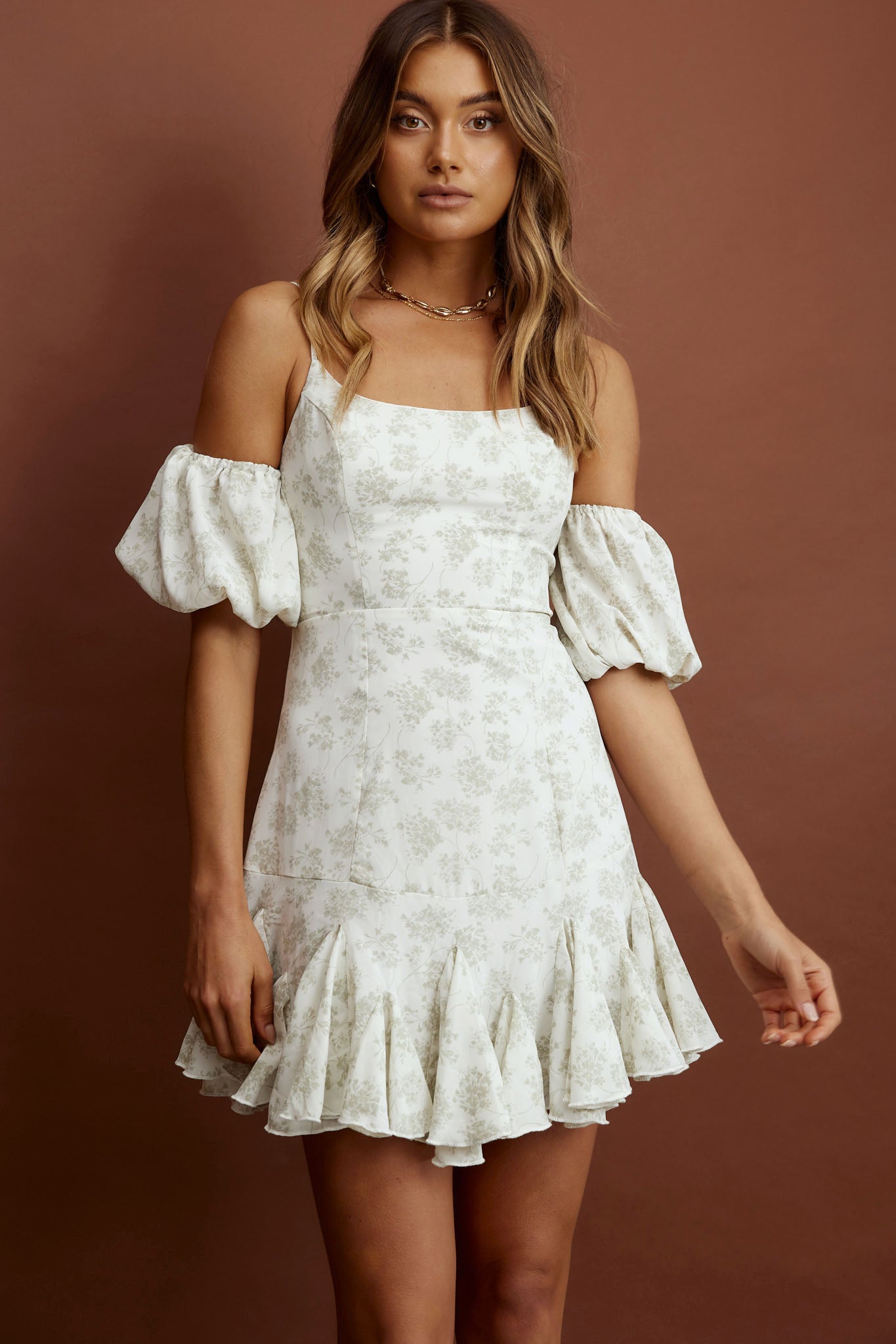 Southern Belle Godet Hem Mini Dress Floral Green by Selfie Leslie