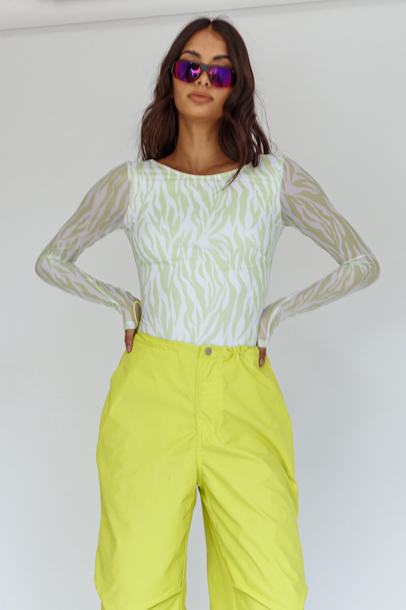 Juni Long Sleeve Low Back Mesh Bodysuit Tiger Lime by Selfie Leslie