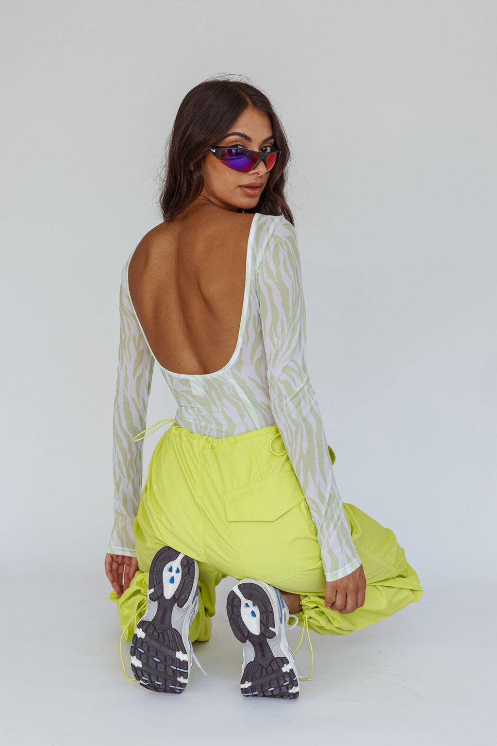 Juni Long Sleeve Low Back Mesh Bodysuit Tiger Lime by Selfie Leslie