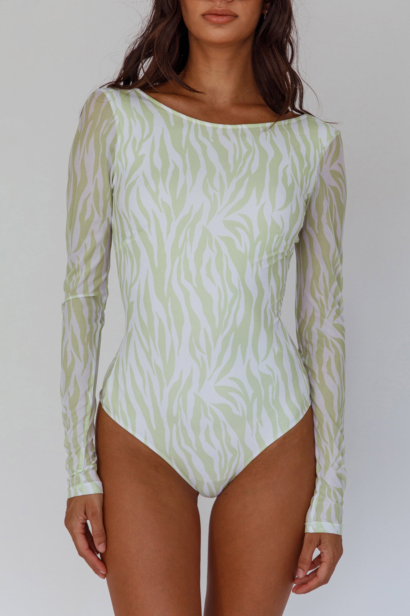 Juni Long Sleeve Low Back Mesh Bodysuit Tiger Lime by Selfie Leslie