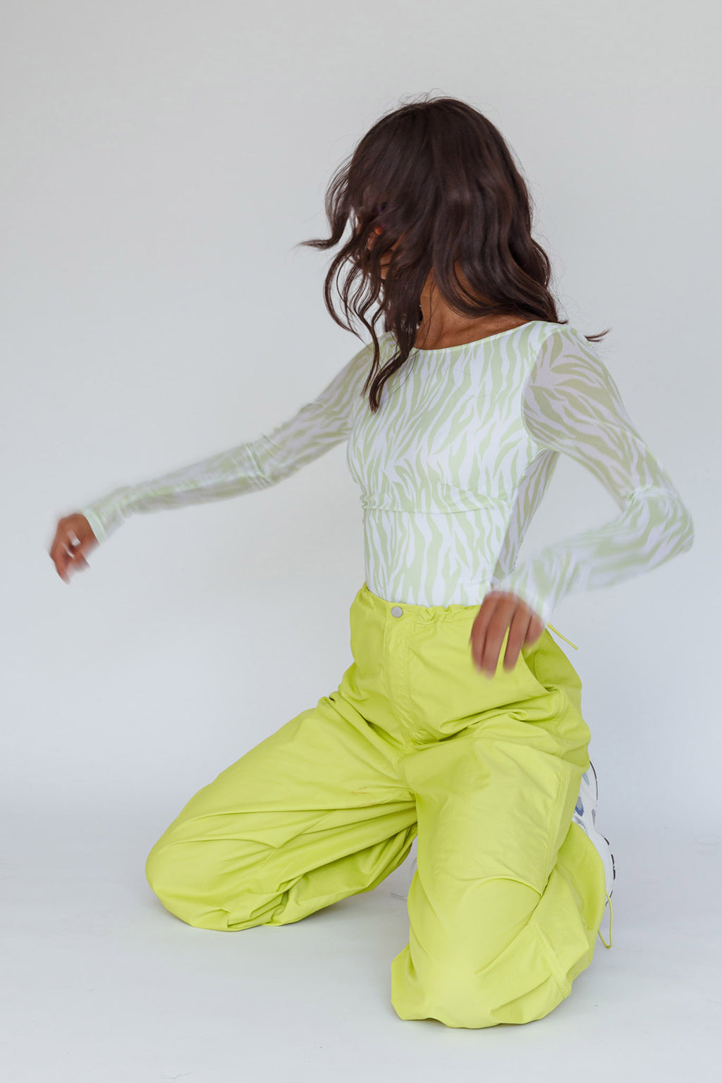 Juni Long Sleeve Low Back Mesh Bodysuit Tiger Lime by Selfie Leslie