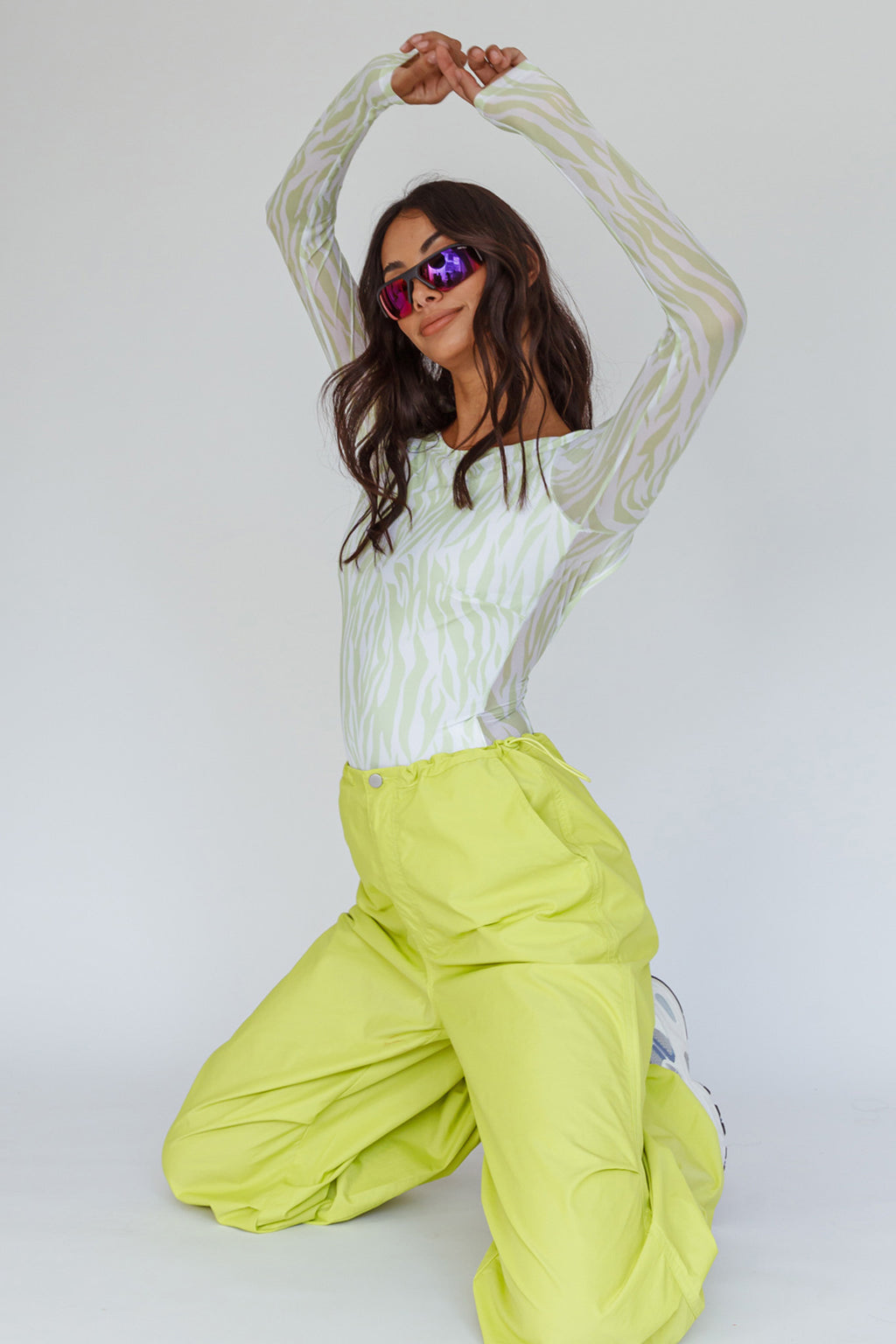 Juni Long Sleeve Low Back Mesh Bodysuit Tiger Lime by Selfie Leslie