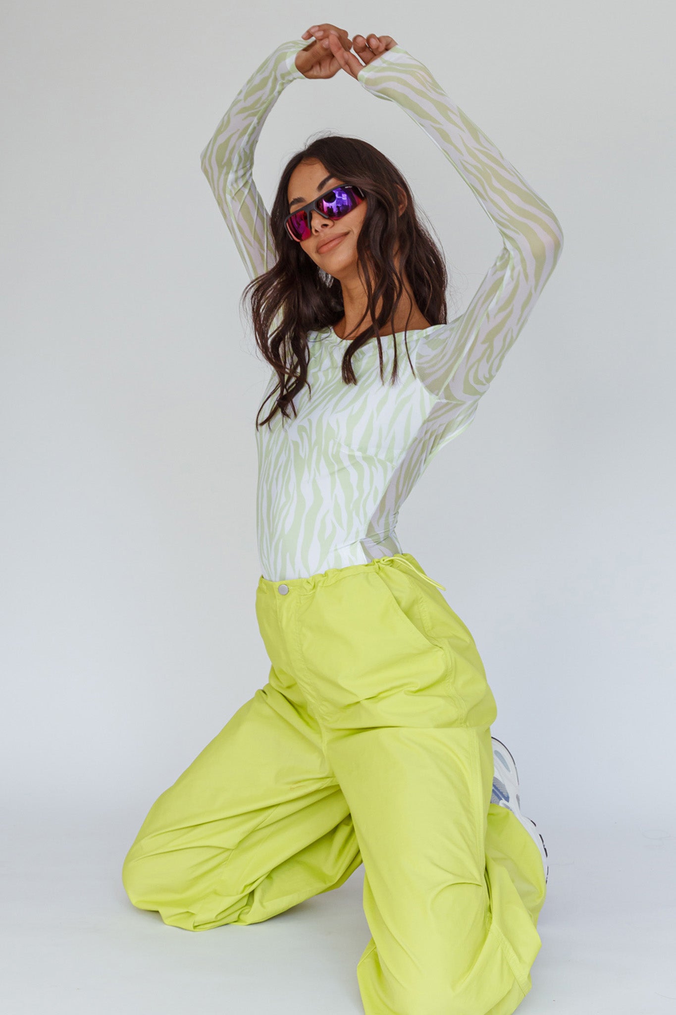 Juni Long Sleeve Low Back Mesh Bodysuit Tiger Lime by Selfie Leslie