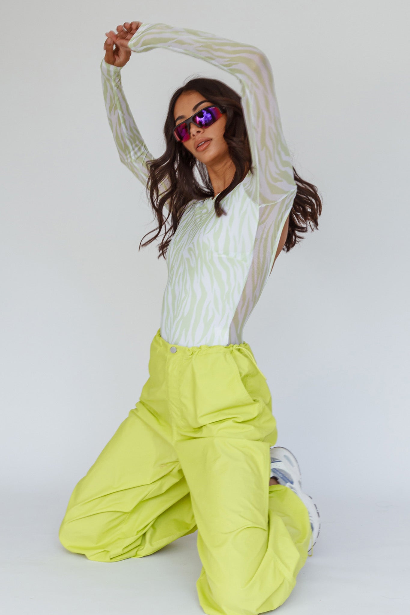 Juni Long Sleeve Low Back Mesh Bodysuit Tiger Lime by Selfie Leslie