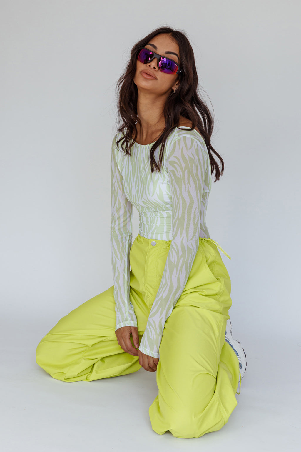 Juni Long Sleeve Low Back Mesh Bodysuit Tiger Lime by Selfie Leslie