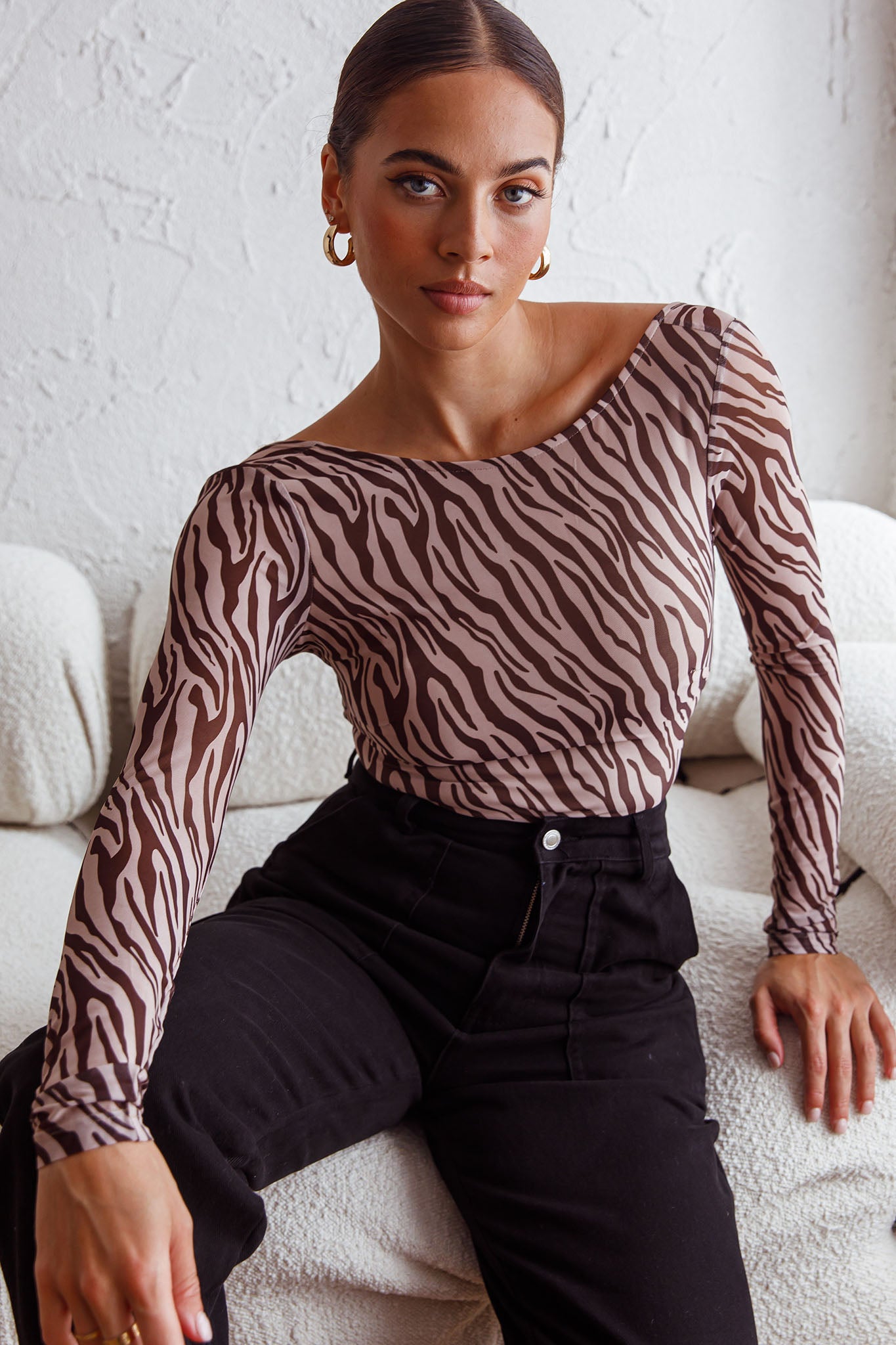 Juni Long Sleeve Low Back Mesh Bodysuit Tiger Print by Selfie Leslie