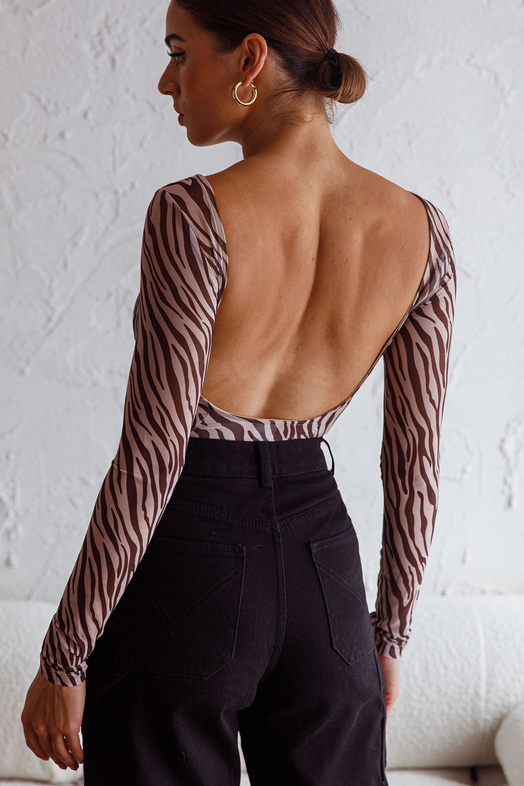 Juni Long Sleeve Low Back Mesh Bodysuit Tiger Print by Selfie Leslie