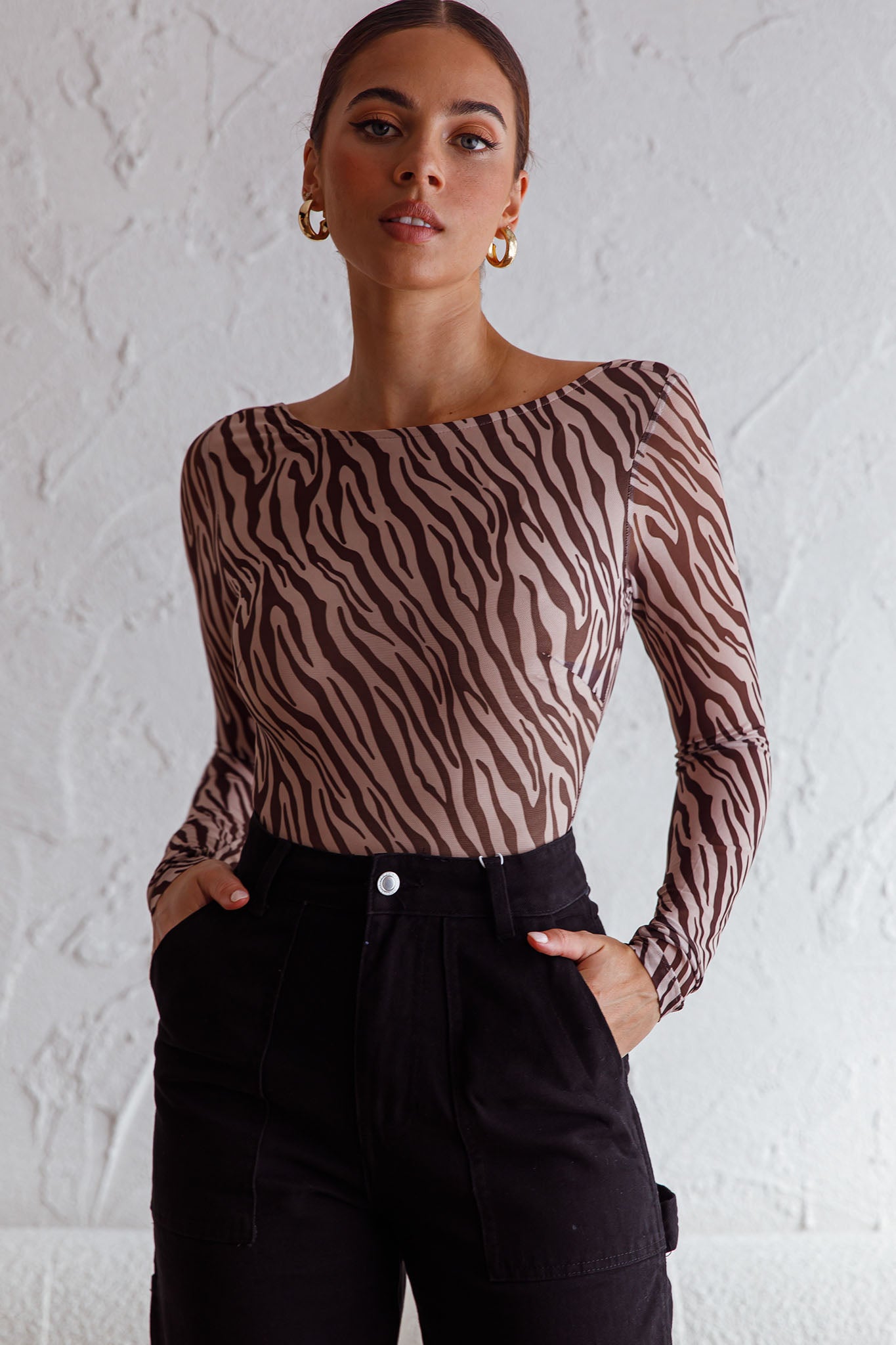 Juni Long Sleeve Low Back Mesh Bodysuit Tiger Print by Selfie Leslie