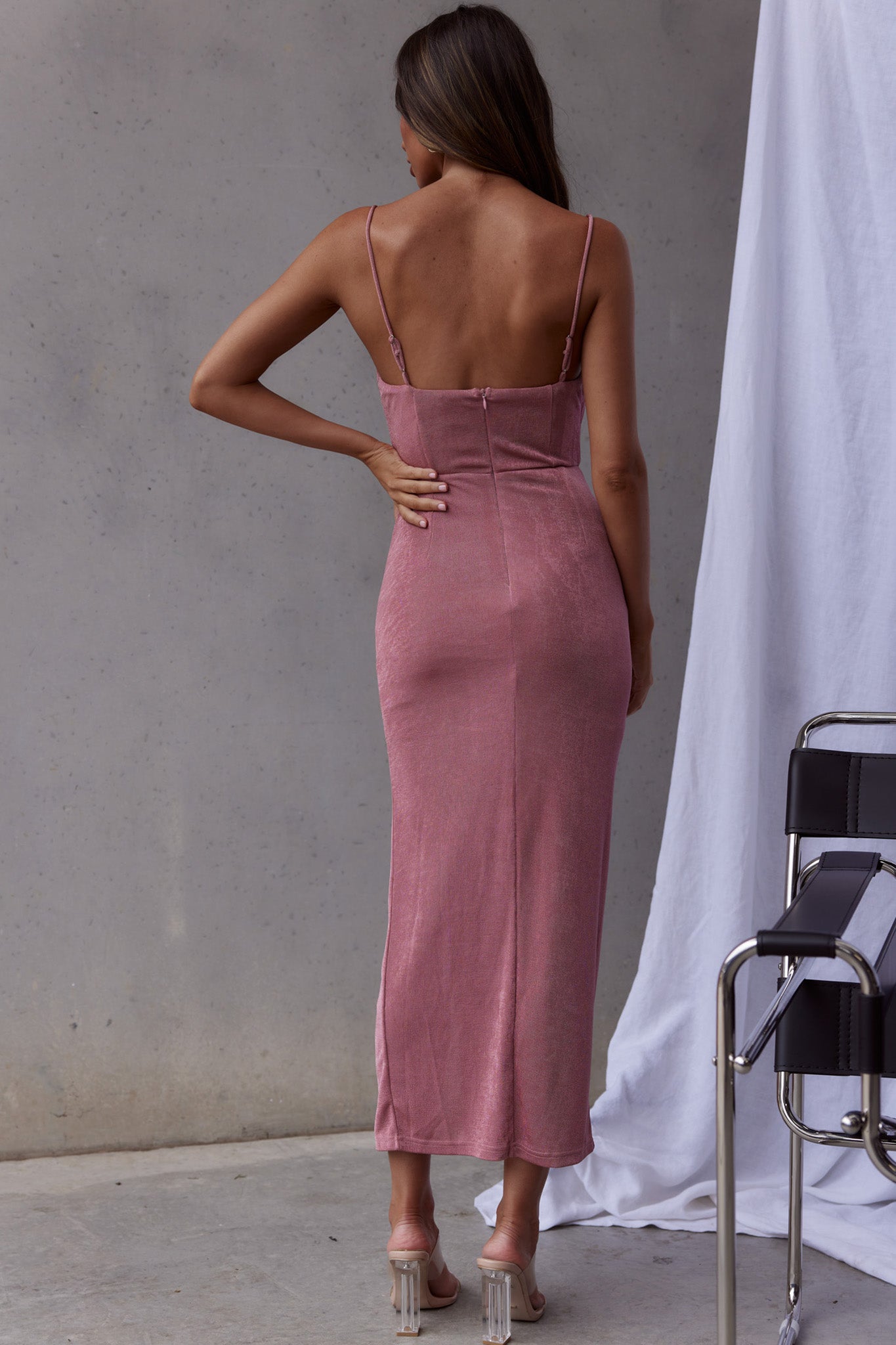 Frieda Cowl Neck Front Split Midi Dress Mauve by Selfie Leslie