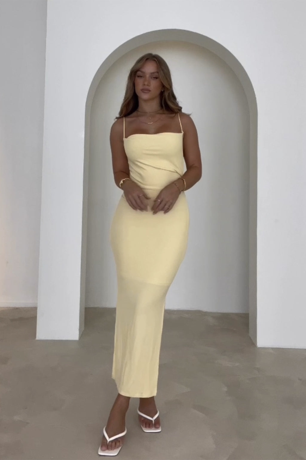 Frieda Cowl Neck Side Split Ribbed Maxi Dress Yellow by Selfie Leslie