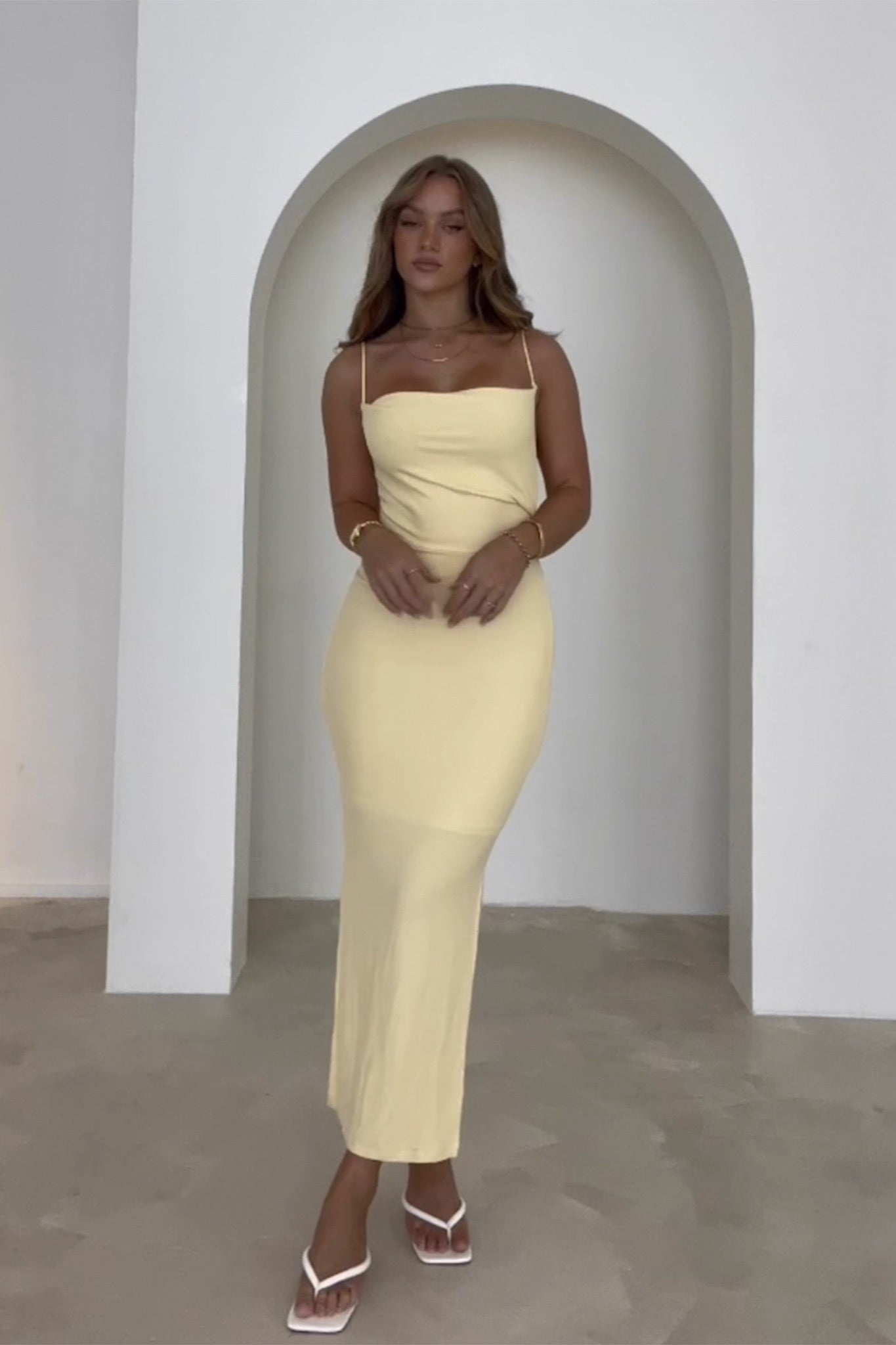 Frieda Cowl Neck Side Split Ribbed Maxi Dress Yellow by Selfie Leslie