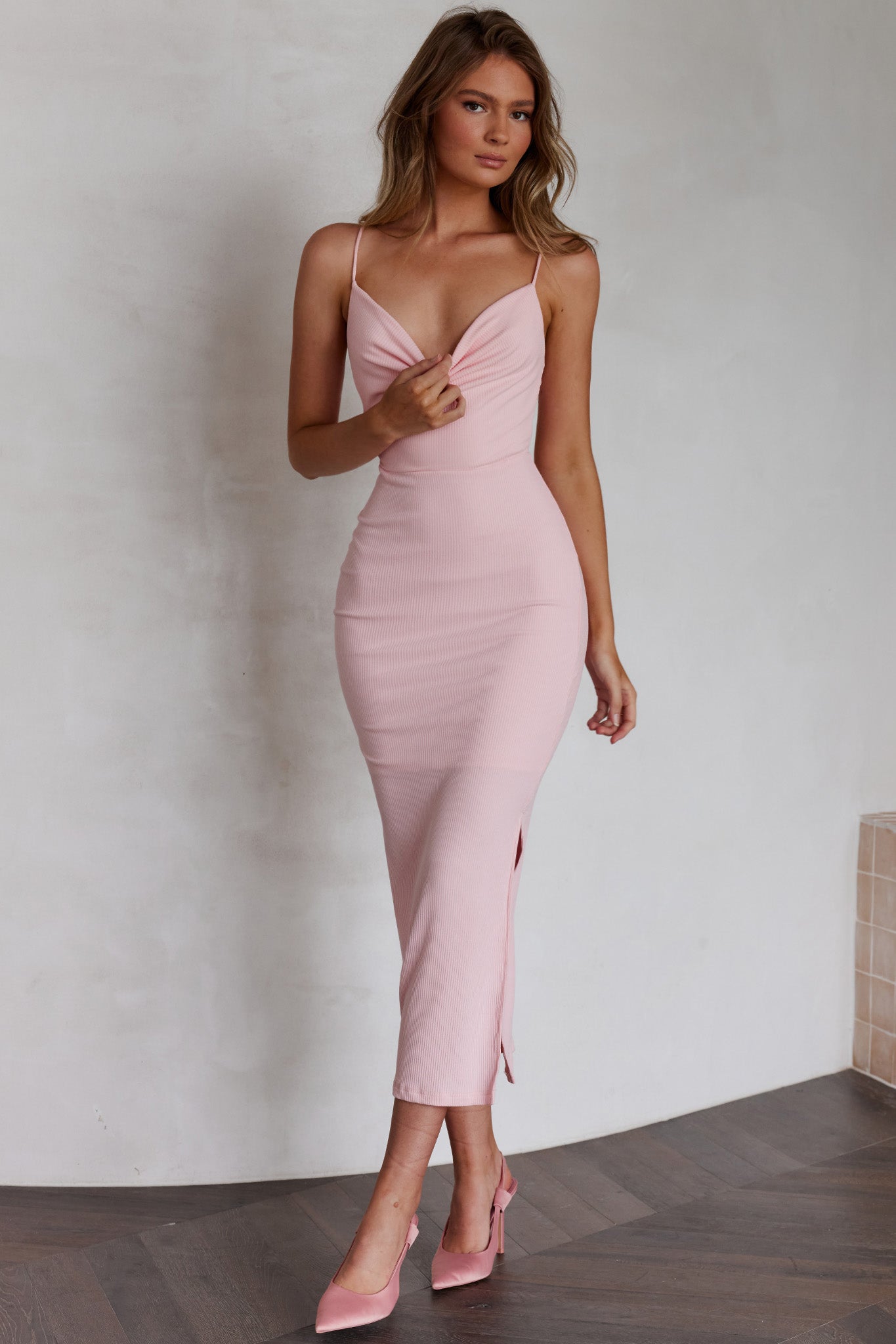 Frieda Cowl Neck Side Split Ribbed Maxi Dress Blush by Selfie Leslie