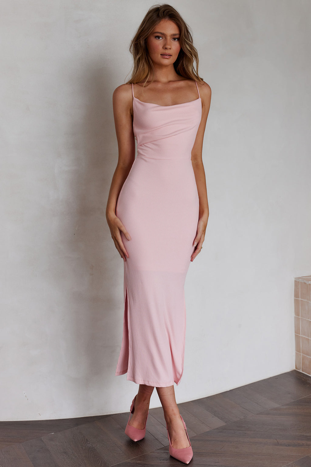 Frieda Cowl Neck Side Split Ribbed Maxi Dress Blush by Selfie Leslie